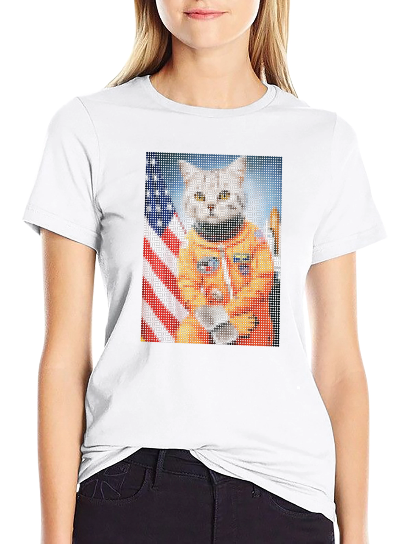 Astronaut Cat Graphic T-Shirt - USA Flag Black Tee