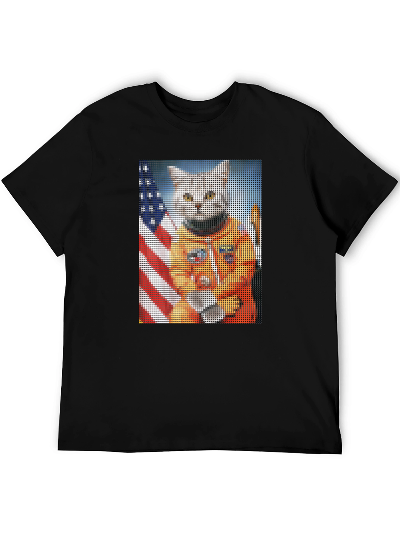 Astronaut Cat Graphic T-Shirt - USA Flag Black Tee