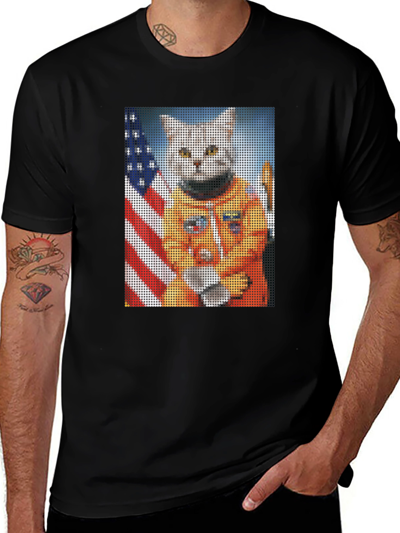 Astronaut Cat Graphic T-Shirt - USA Flag Black Tee