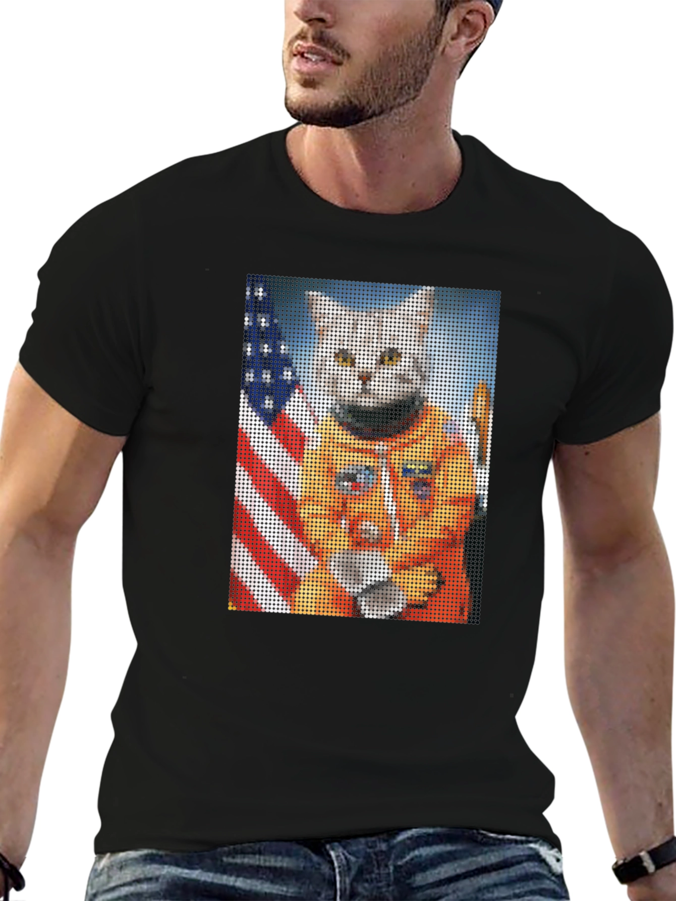 Astronaut Cat Graphic T-Shirt - USA Flag Black Tee