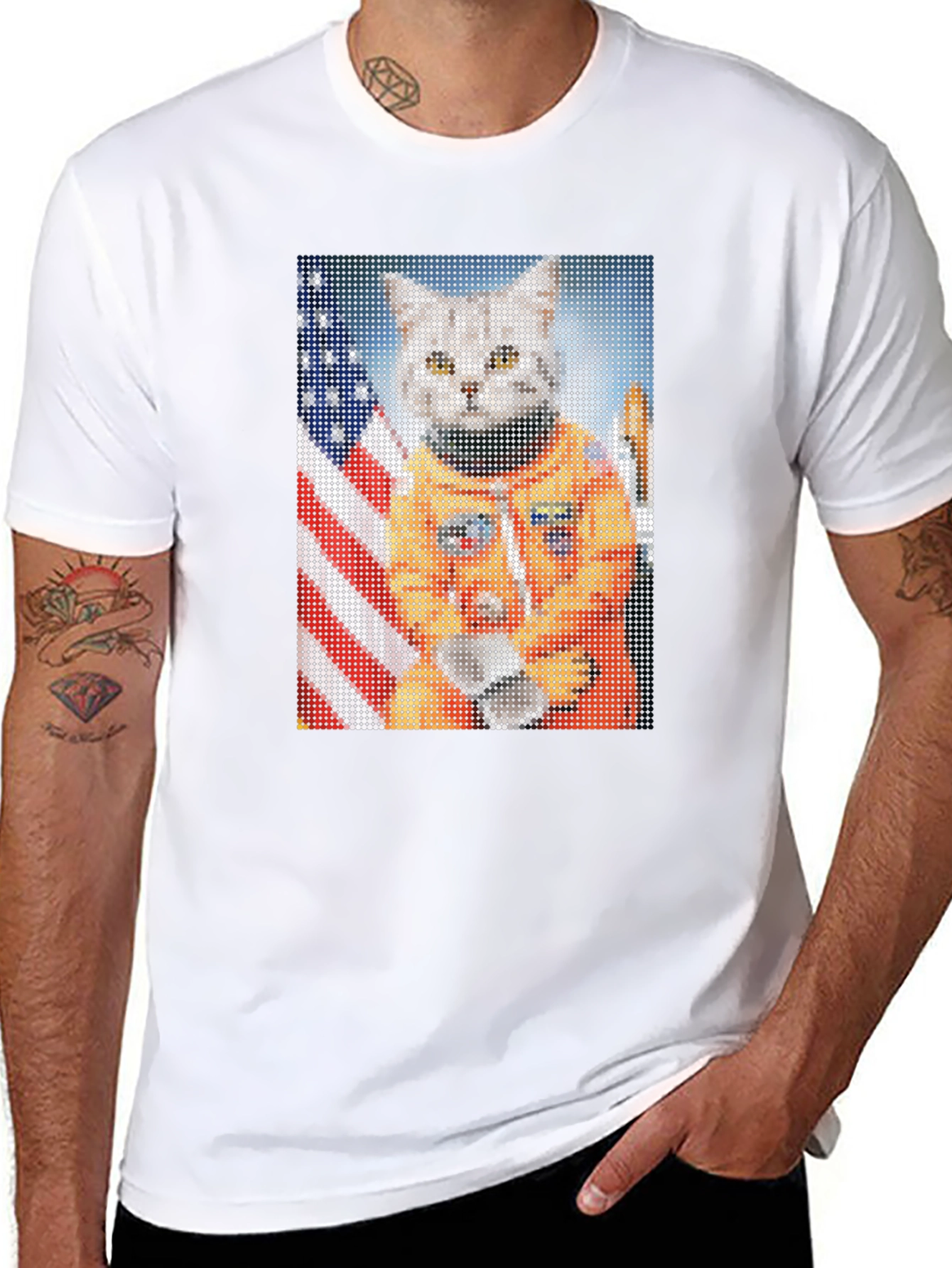 Astronaut Cat Graphic T-Shirt - USA Flag Black Tee