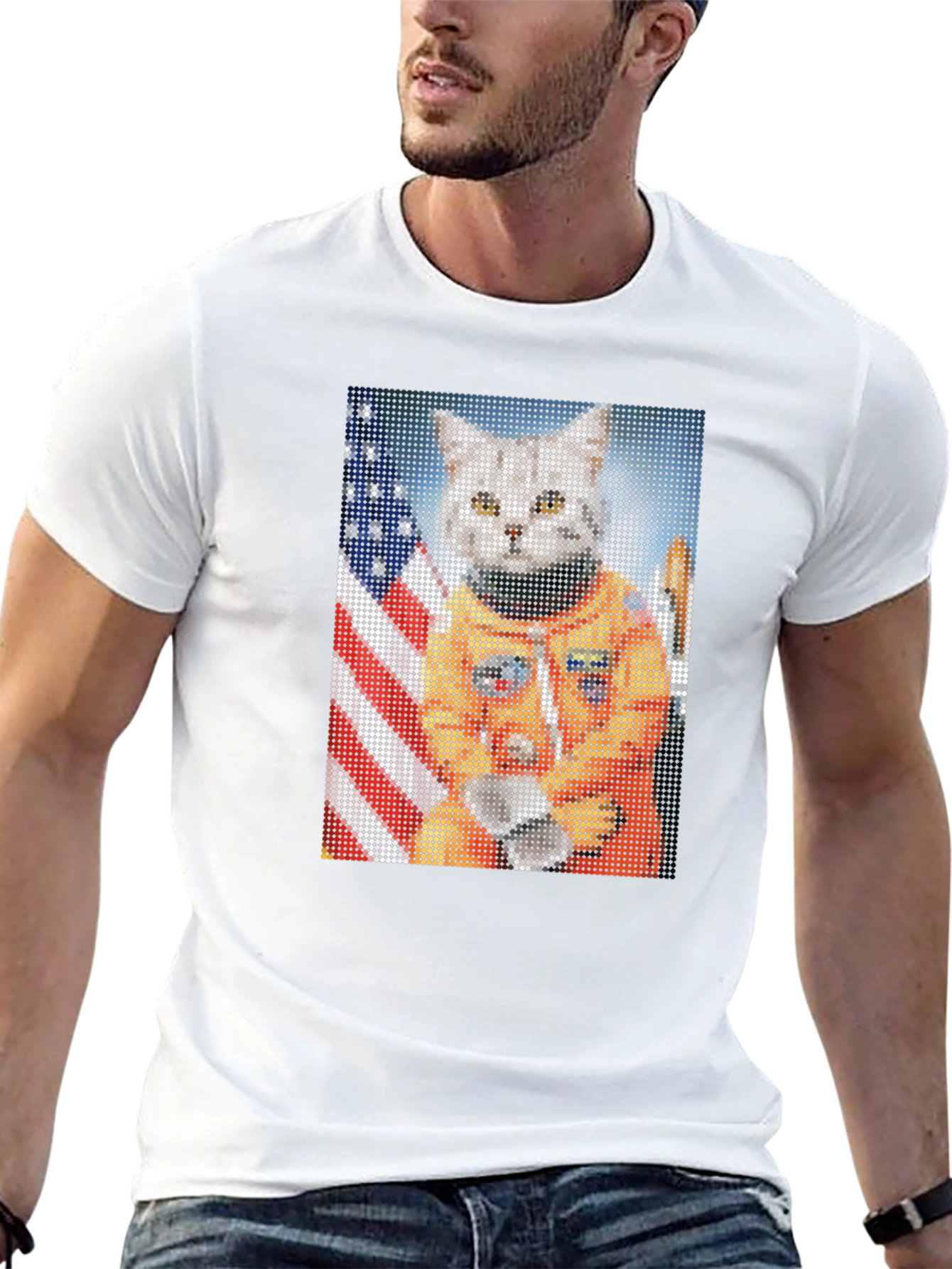 Astronaut Cat Graphic T-Shirt - USA Flag Black Tee