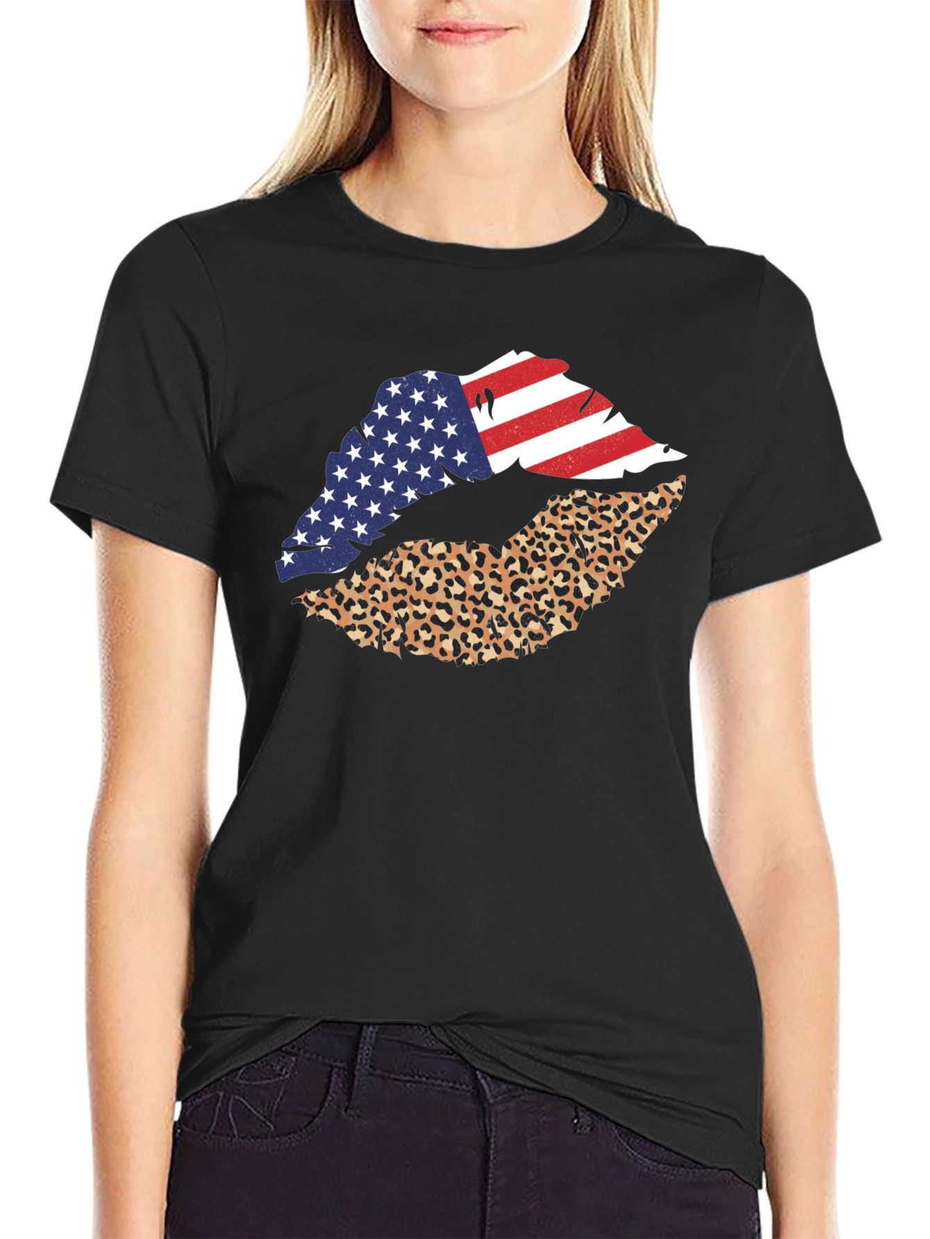 USA Flag Leopard Lips Graphic Print Tee