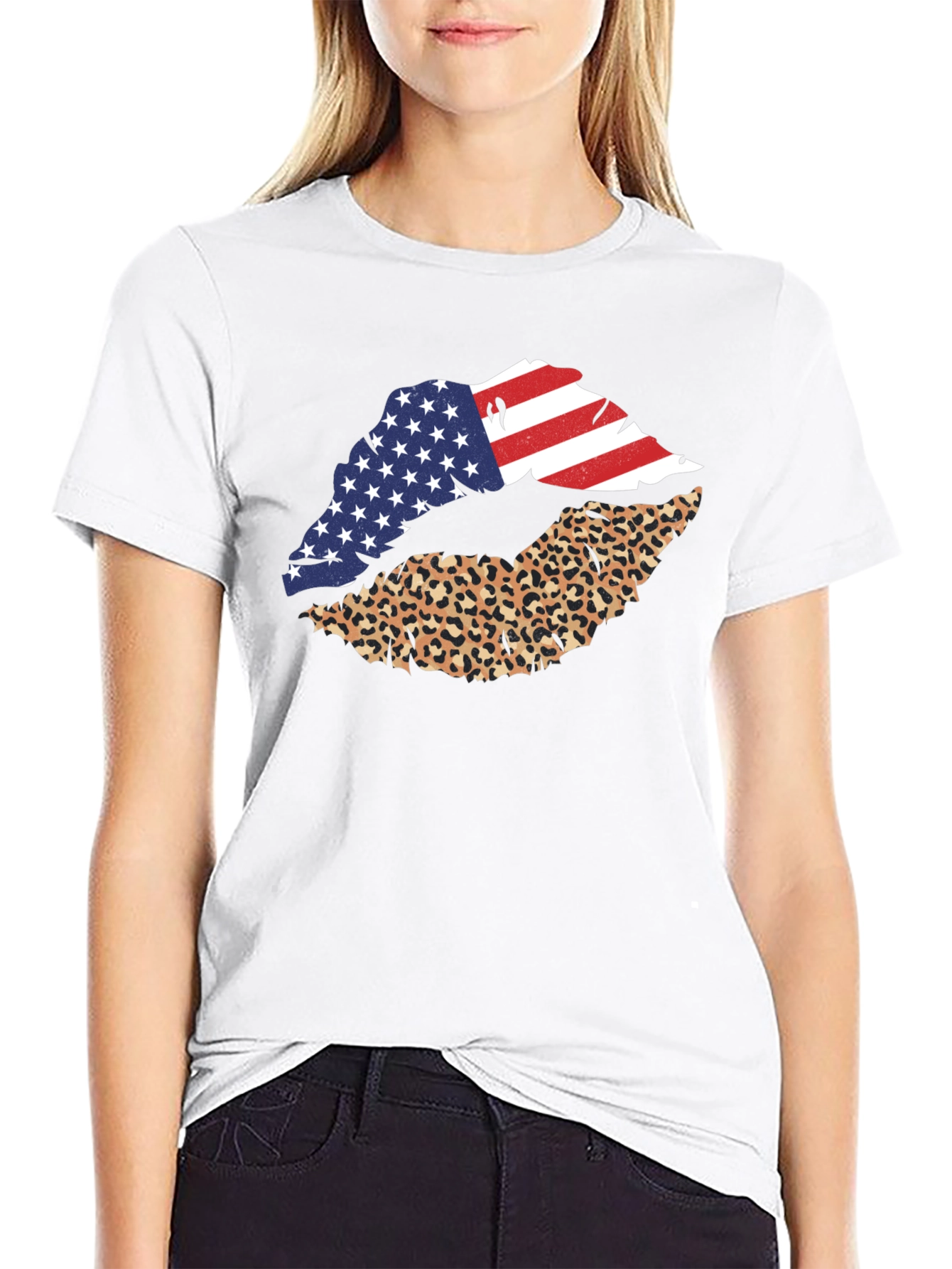 USA Flag Leopard Lips Graphic Print Tee