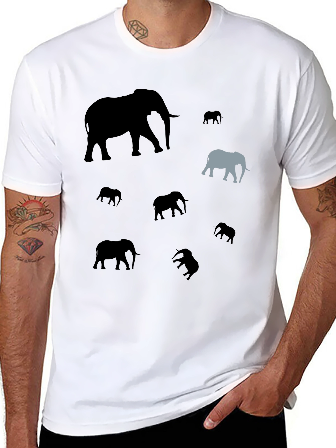 Elephant Pattern Black T-Shirt - Unique Design