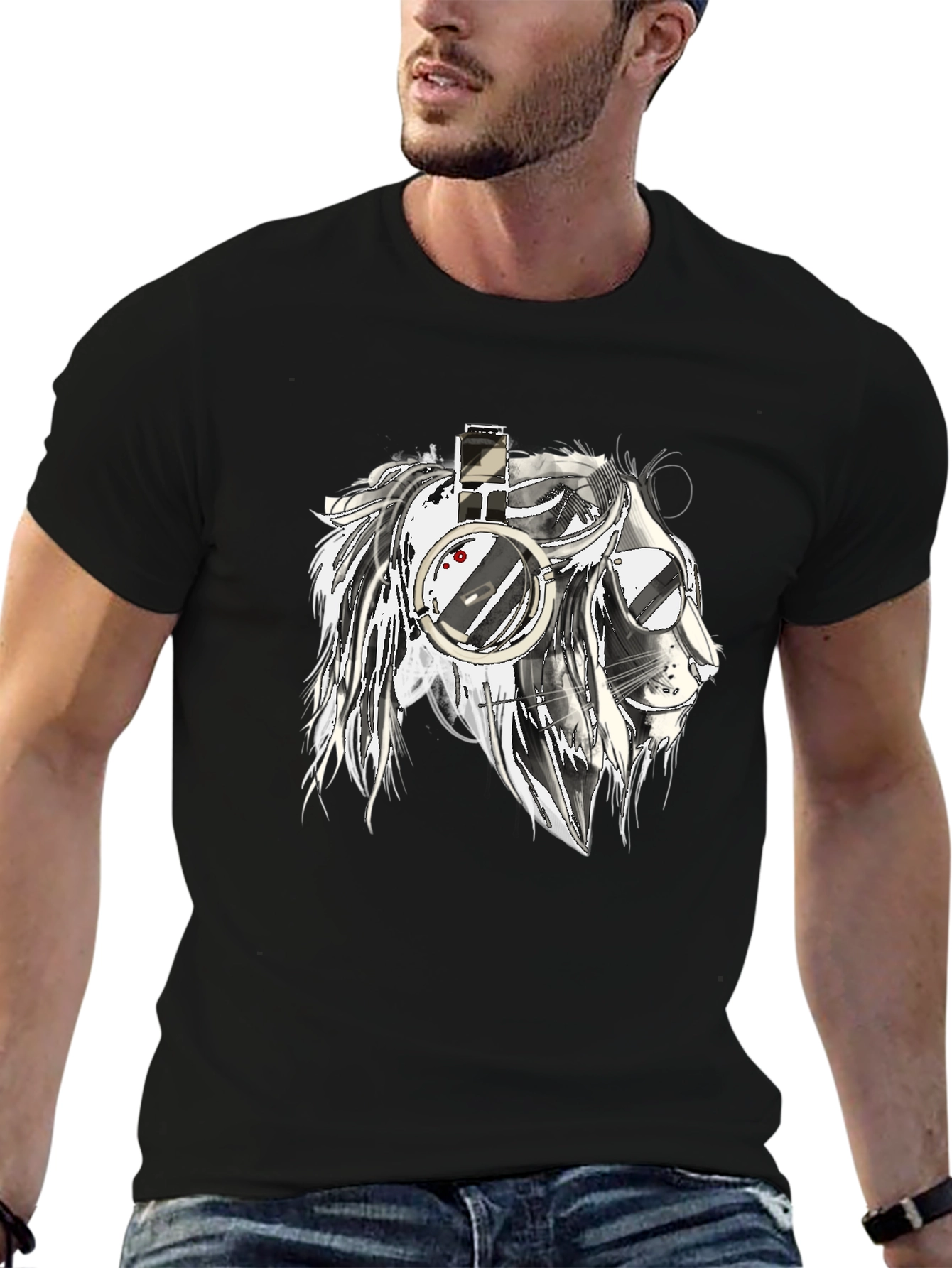Lion with Headphones Graphic Black T-Shirt
