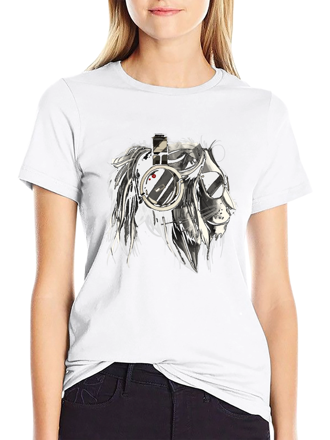 Lion with Headphones Graphic Black T-Shirt