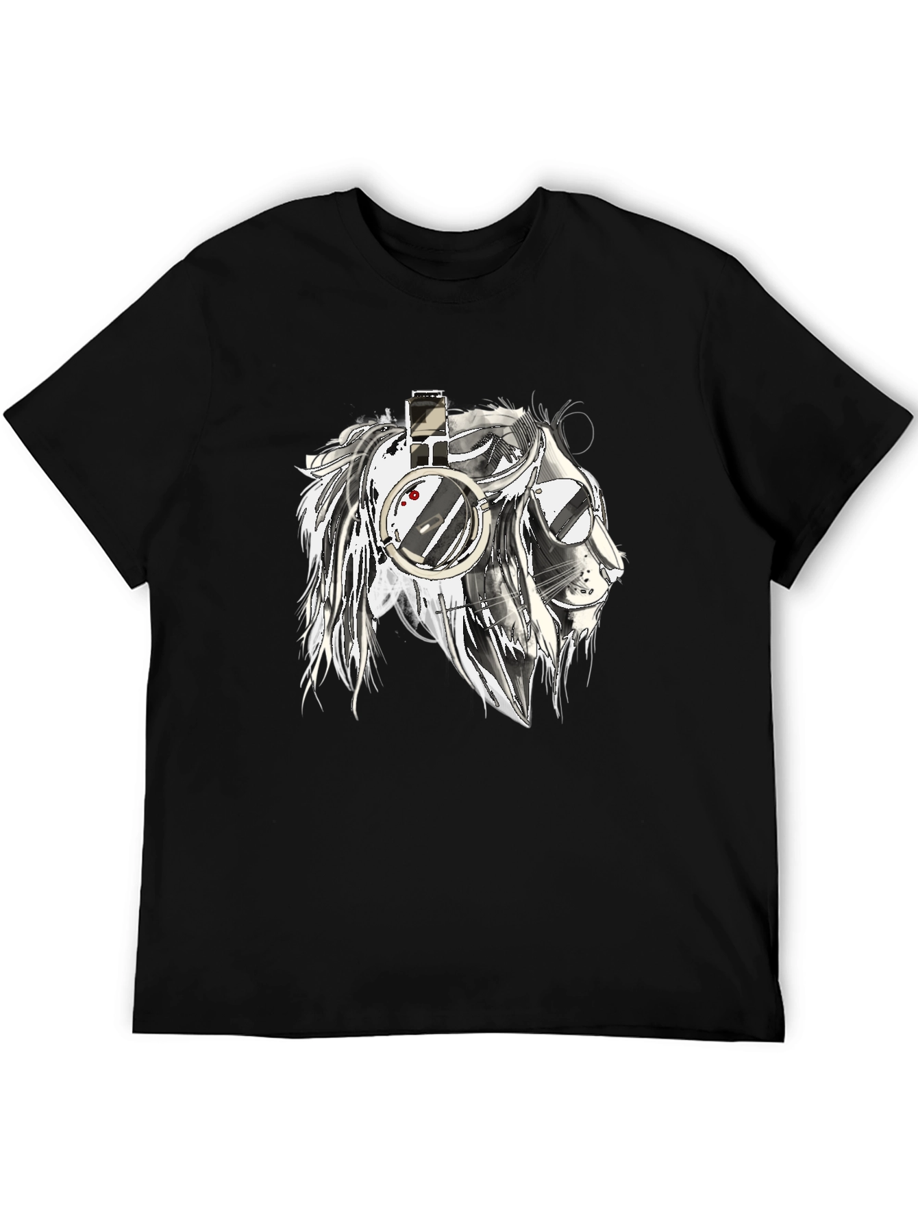 Lion with Headphones Graphic Black T-Shirt