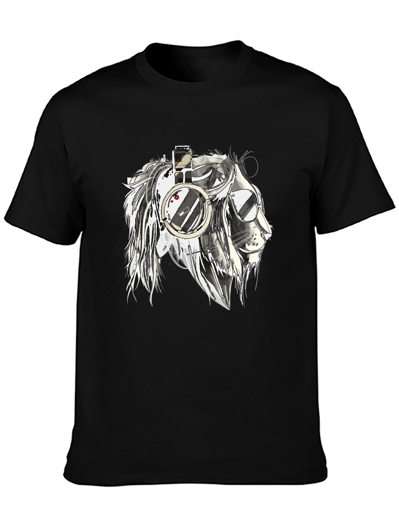 Lion with Headphones Graphic Black T-Shirt