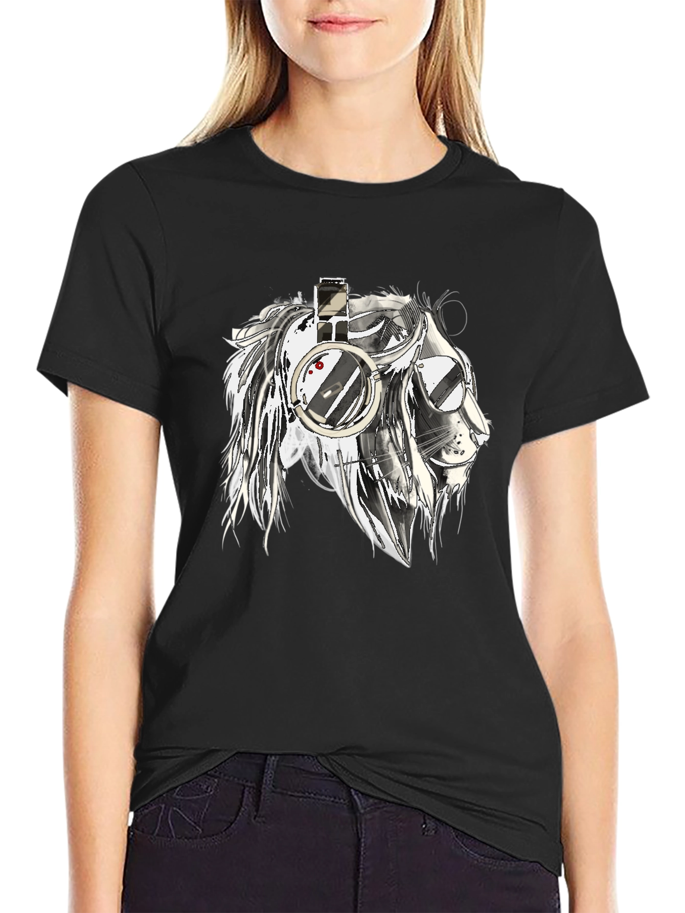 Lion with Headphones Graphic Black T-Shirt