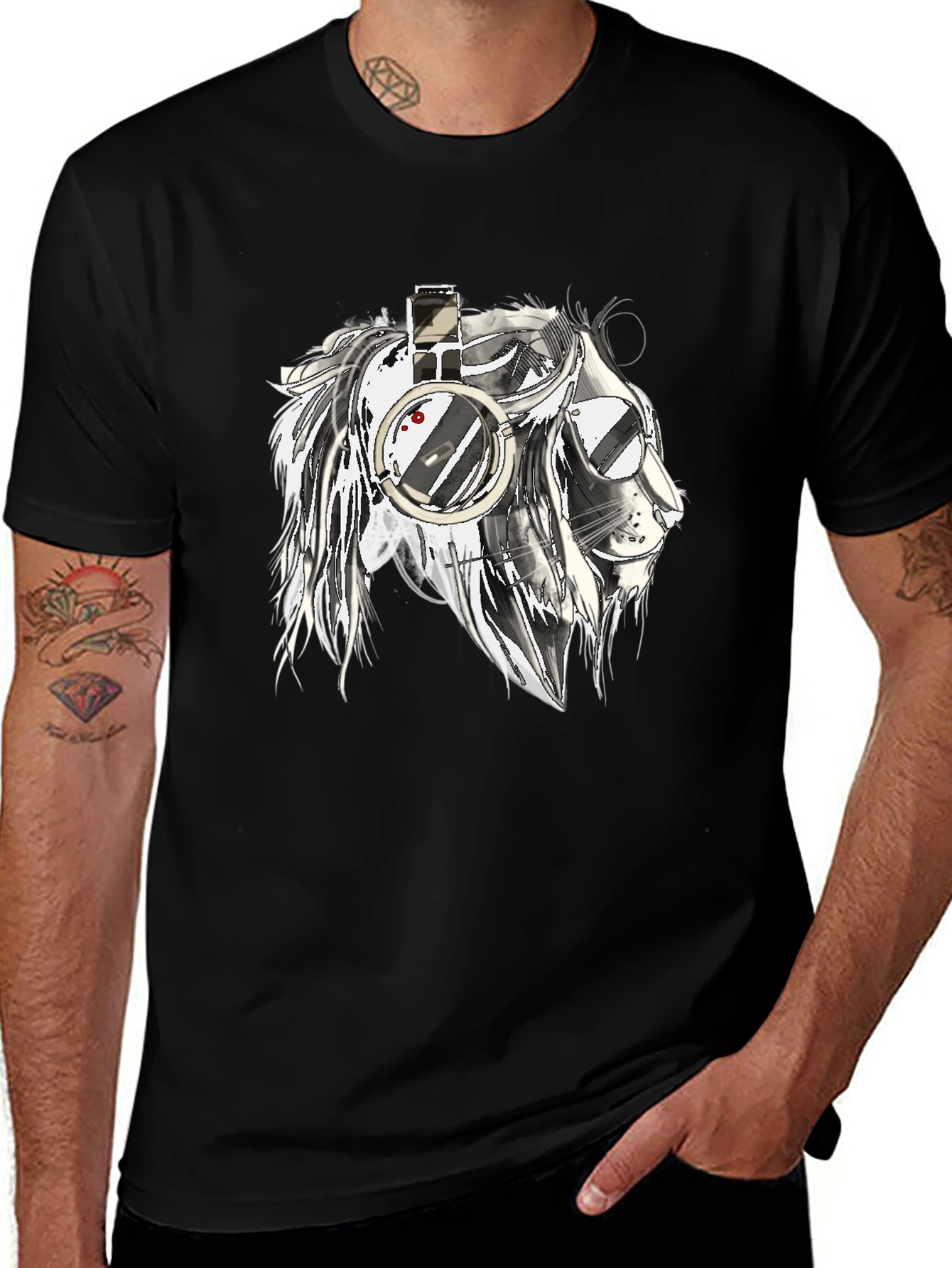 Lion with Headphones Graphic Black T-Shirt