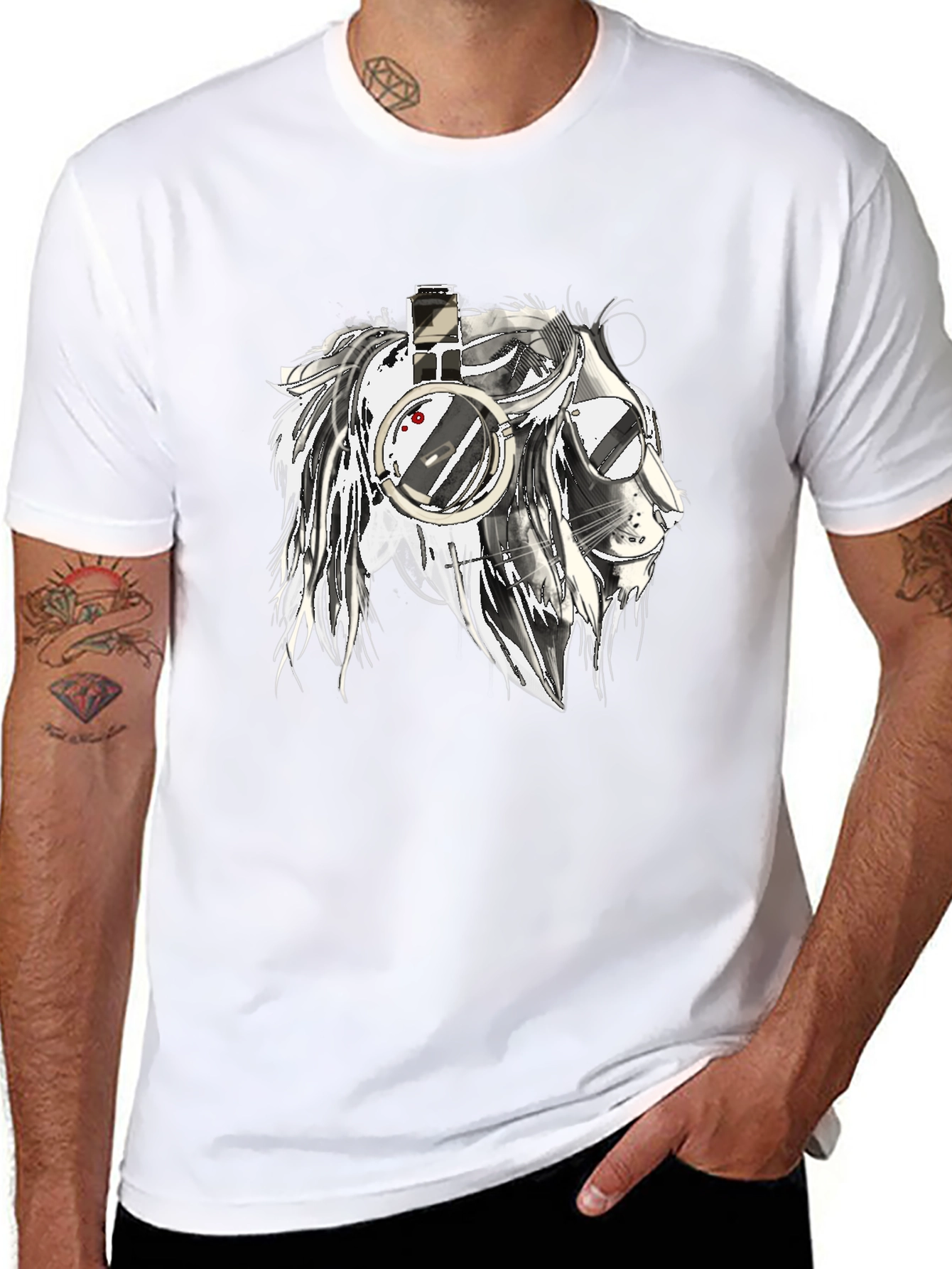 Lion with Headphones Graphic Black T-Shirt