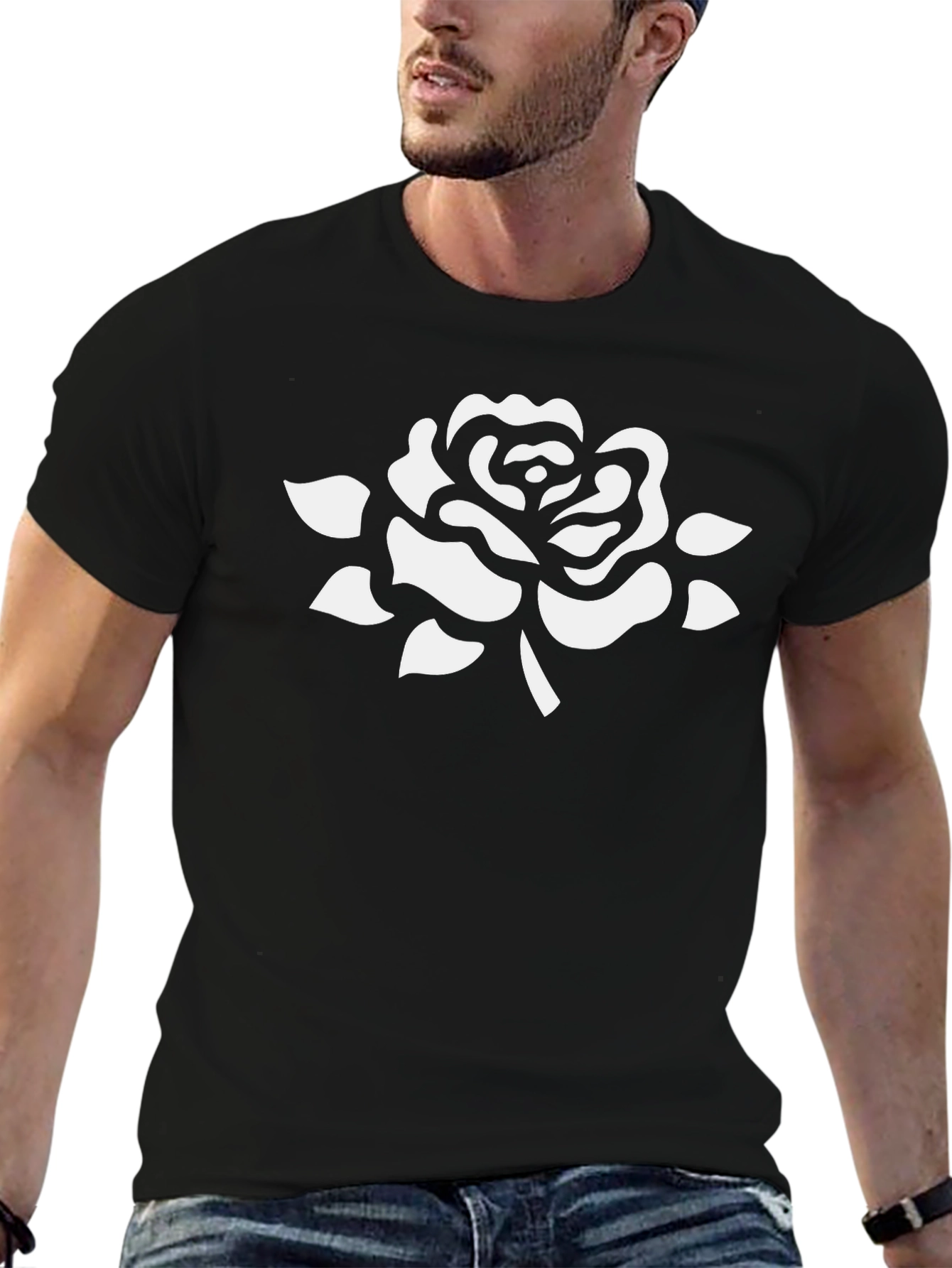 Black T-Shirt with White Rose Graphic