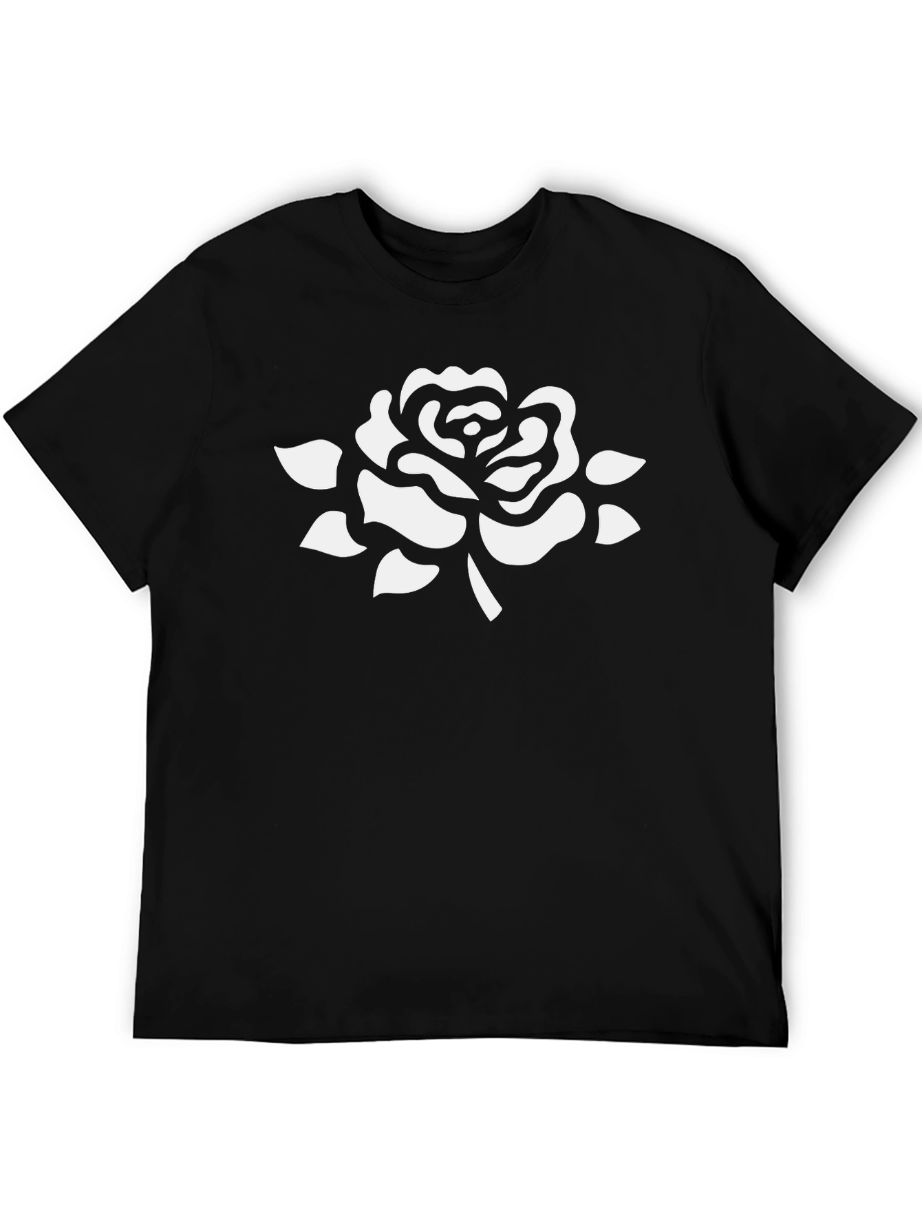 Black T-Shirt with White Rose Graphic