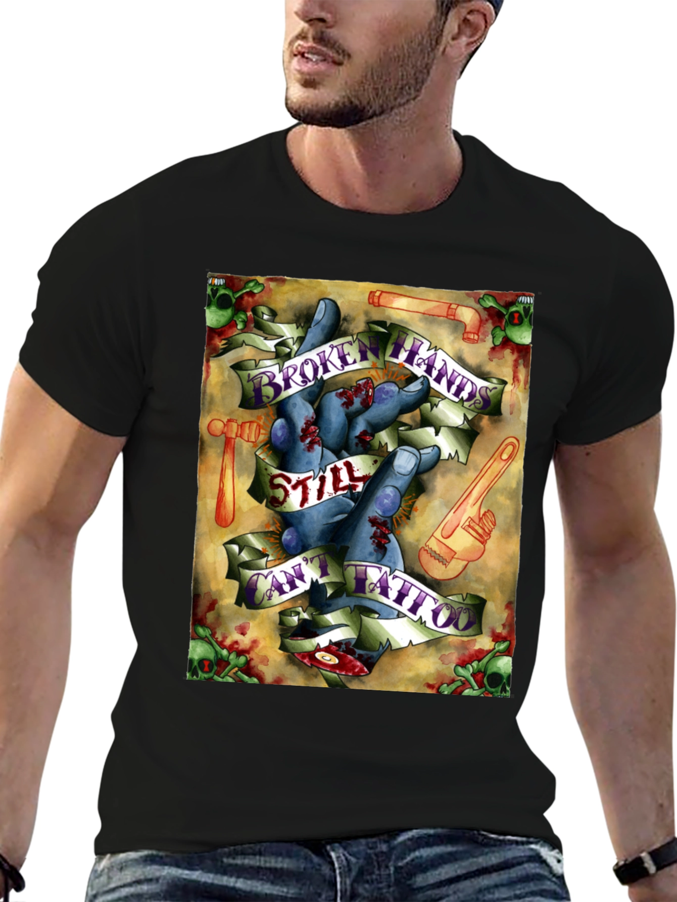 Broken Hands Still Cant Tattoo Black Graphic T-Shirt