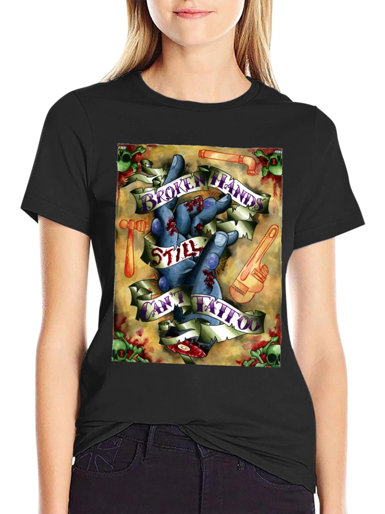 Broken Hands Still Cant Tattoo Black Graphic T-Shirt