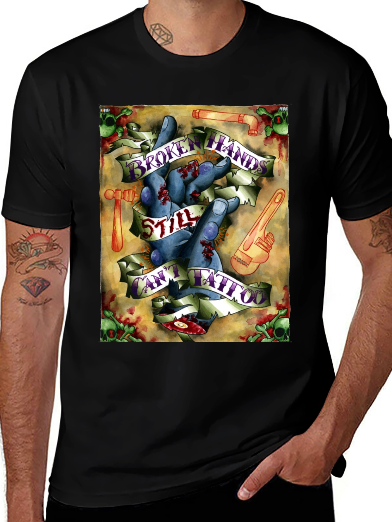 Broken Hands Still Cant Tattoo Black Graphic T-Shirt