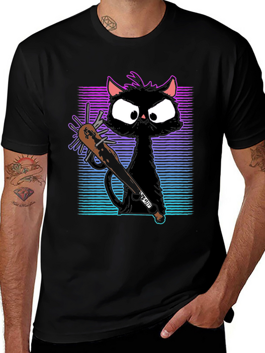 Gangster Cat T-Shirt with Spiked Bat - Black
