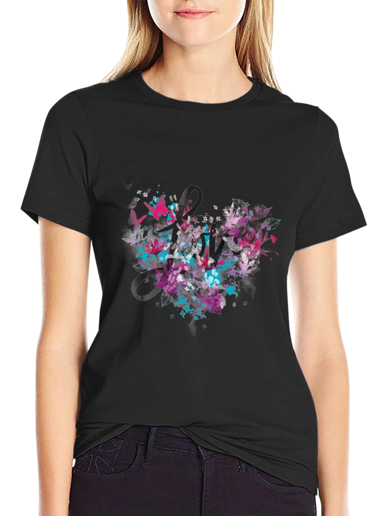 Abstract Floral Heart Black T-Shirt