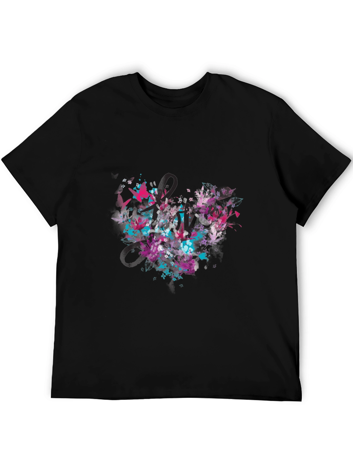 Abstract Floral Heart Black T-Shirt