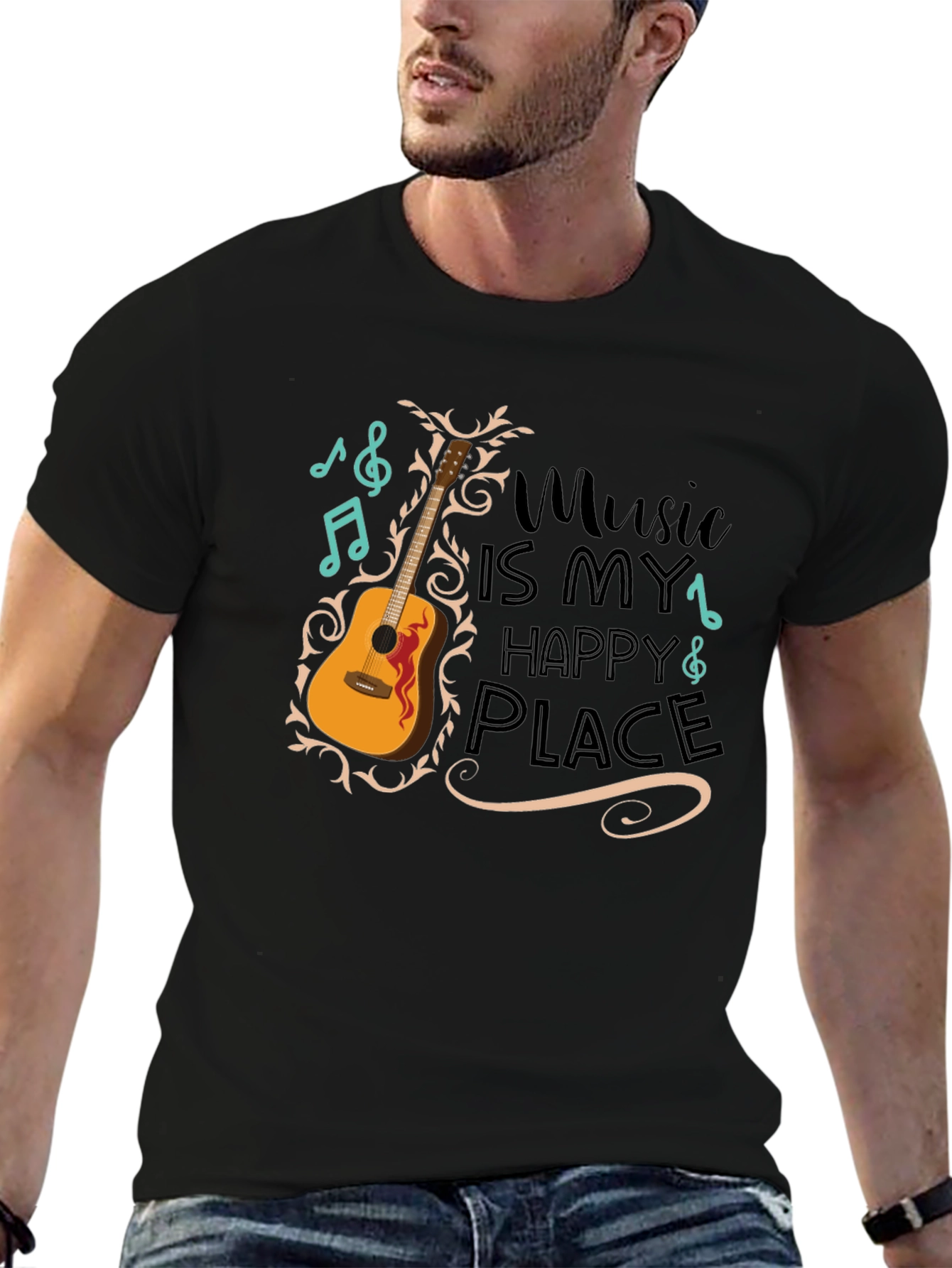 Music Is My Happy Place Guitar Graphic T-Shirt