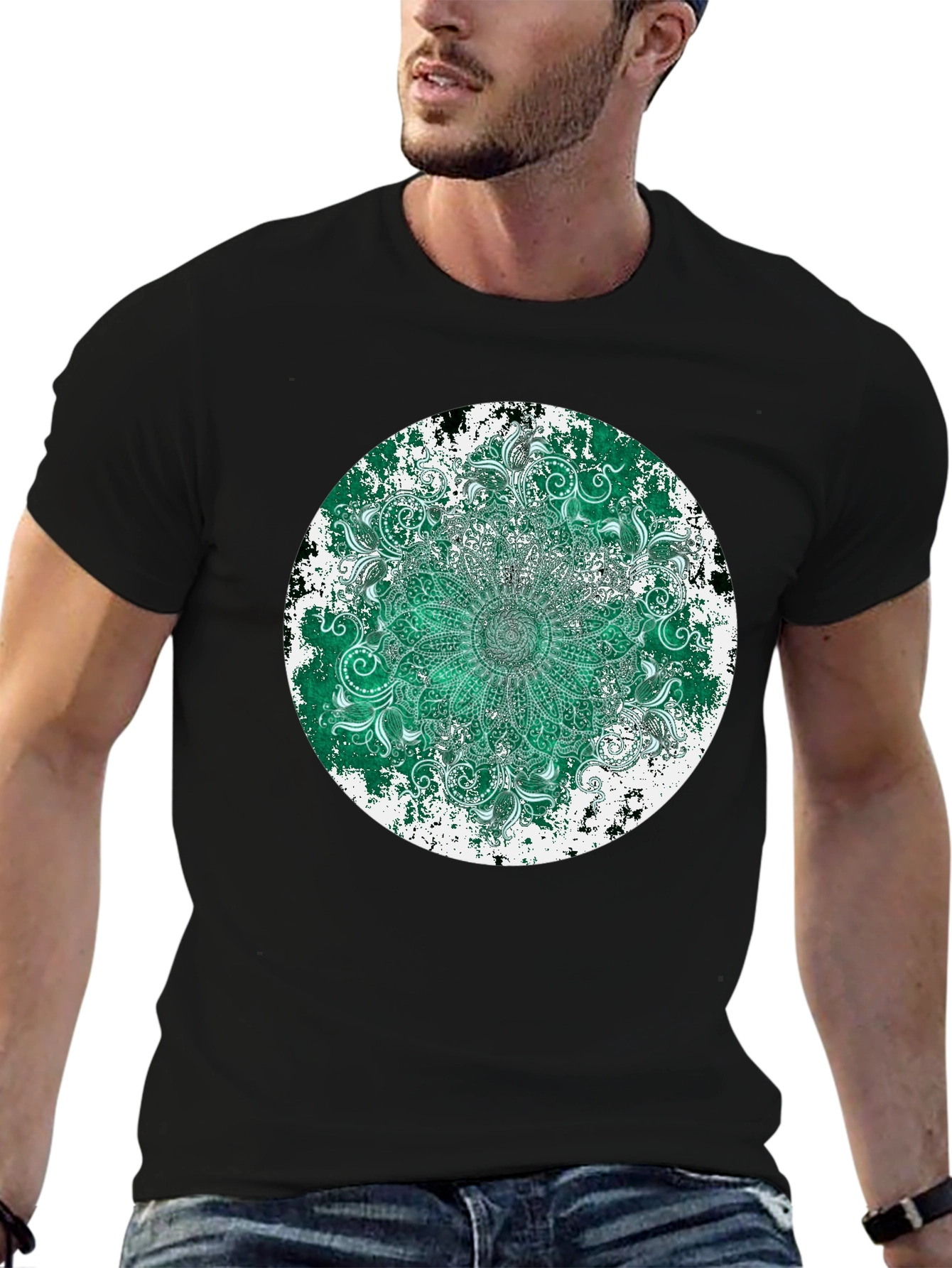 Emerald Mandala Mens Black T-Shirt