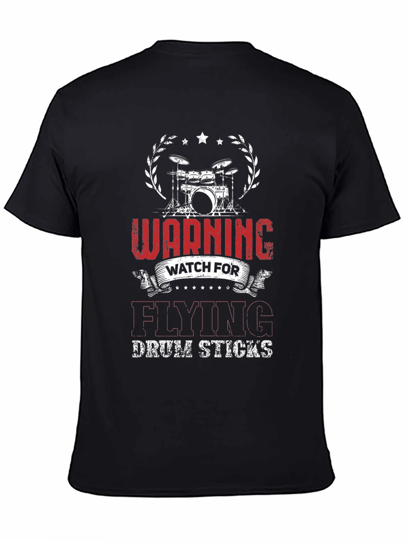 Warning Flying Drum Sticks Black T-Shirt