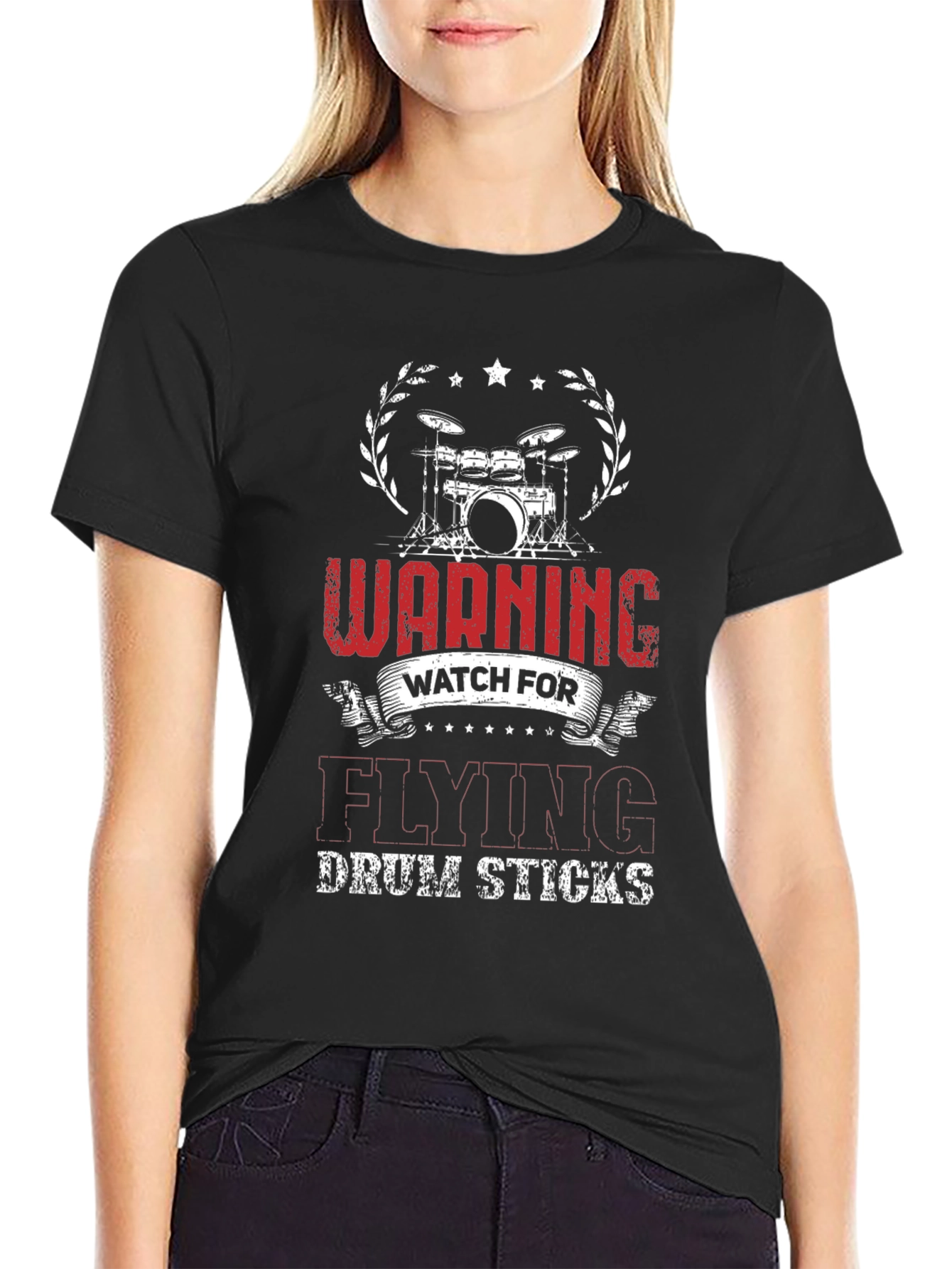 Warning Flying Drum Sticks Black T-Shirt