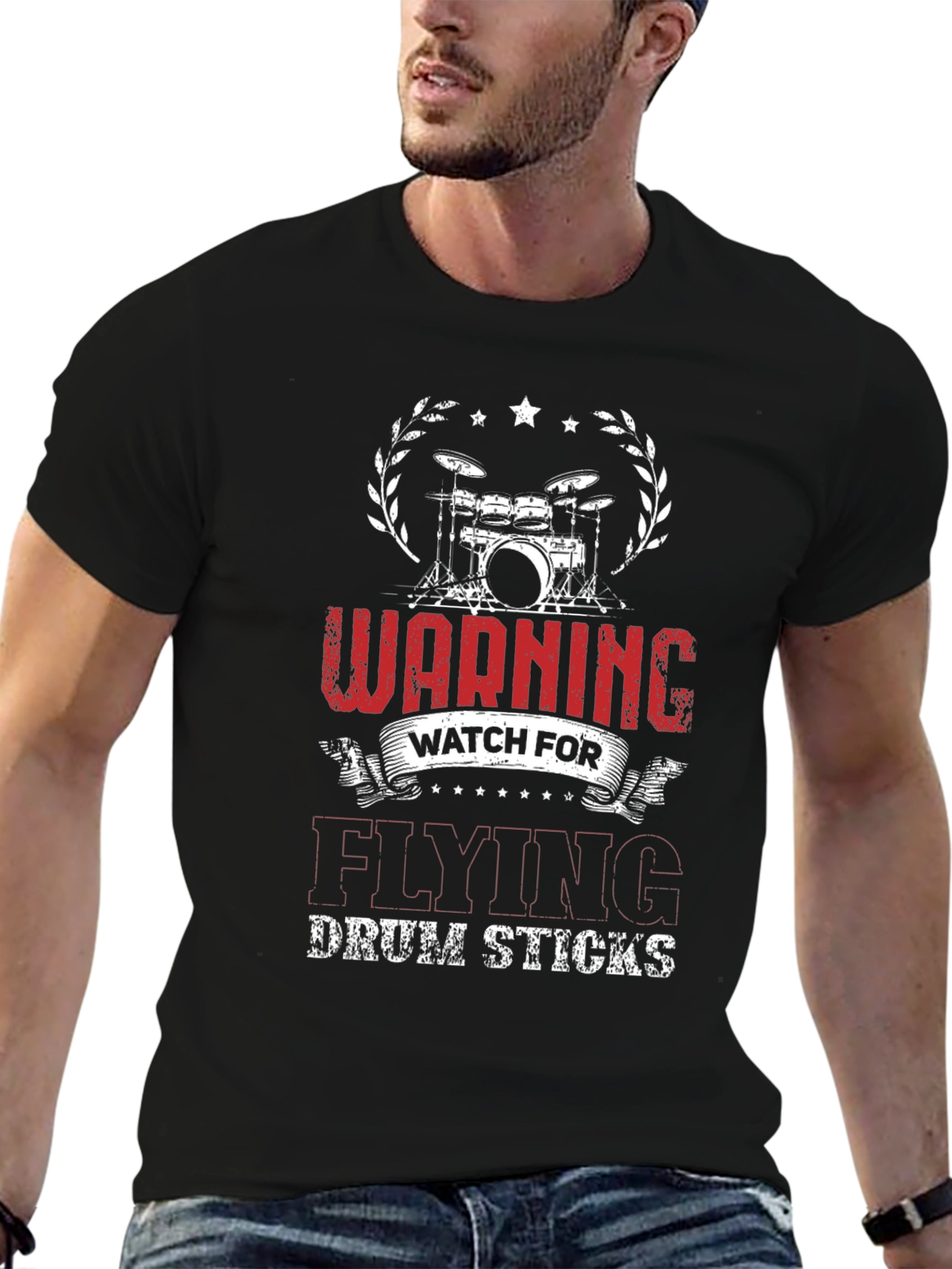 Warning Flying Drum Sticks Black T-Shirt