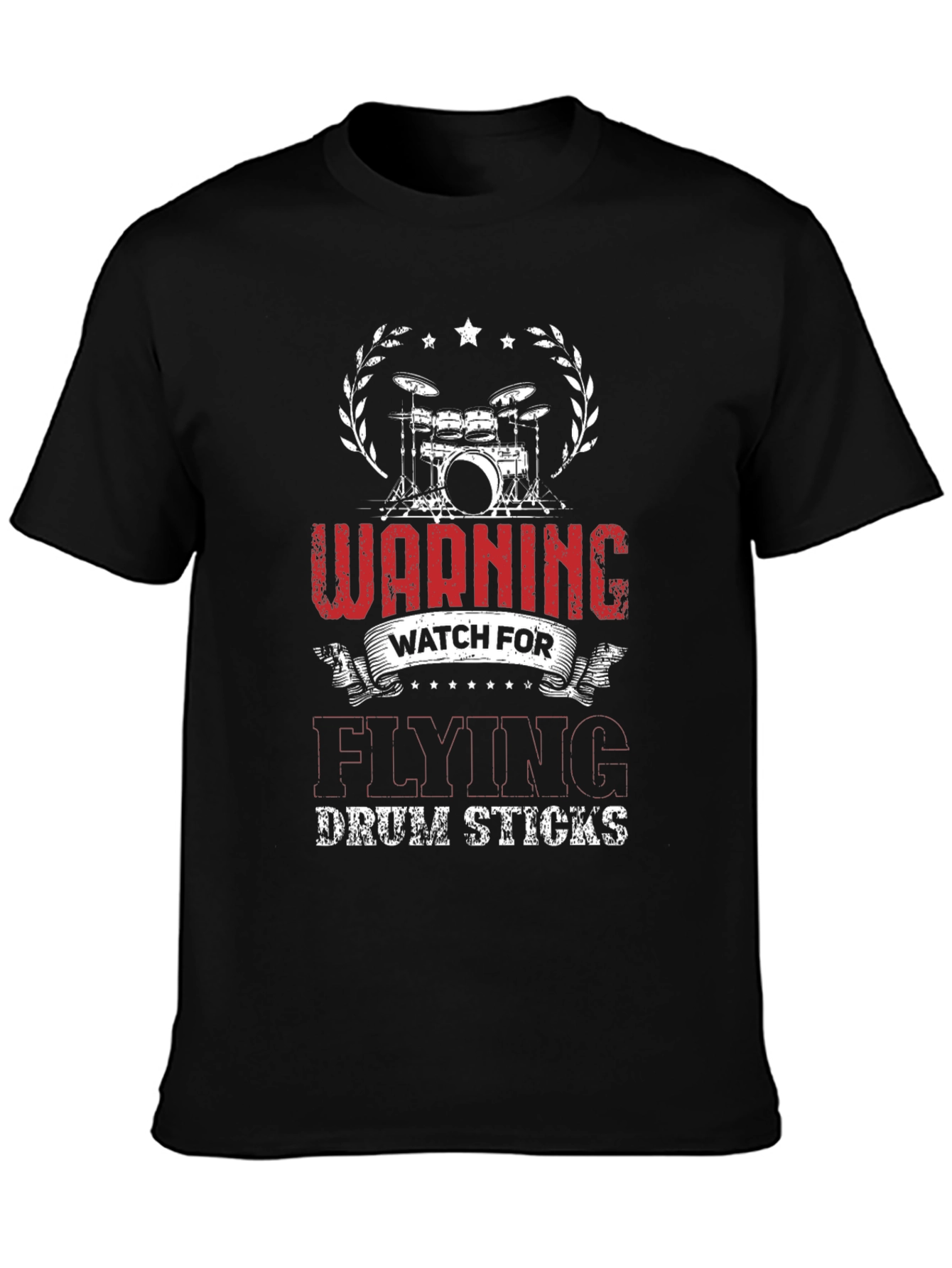 Warning Flying Drum Sticks Black T-Shirt