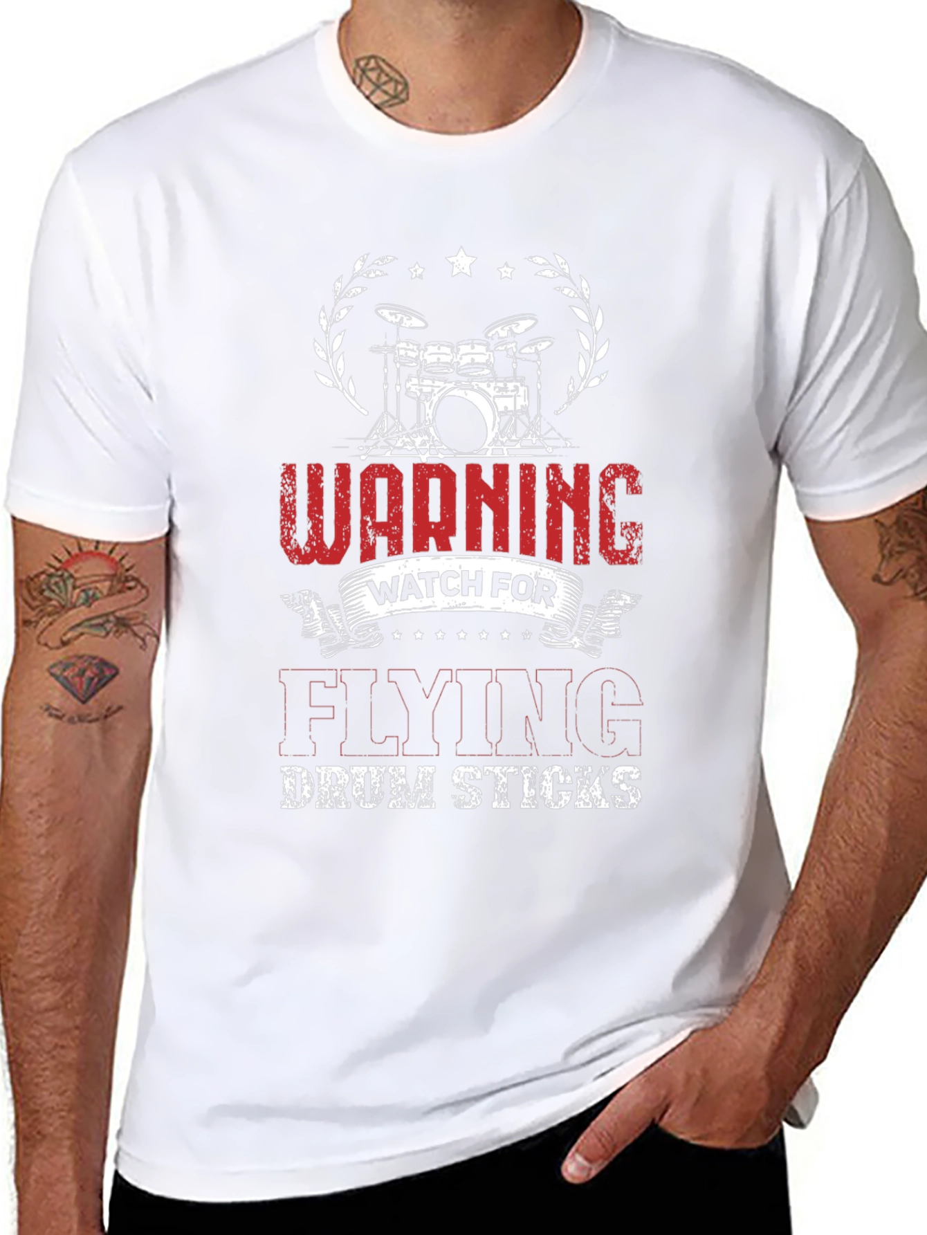 Warning Flying Drum Sticks Black T-Shirt