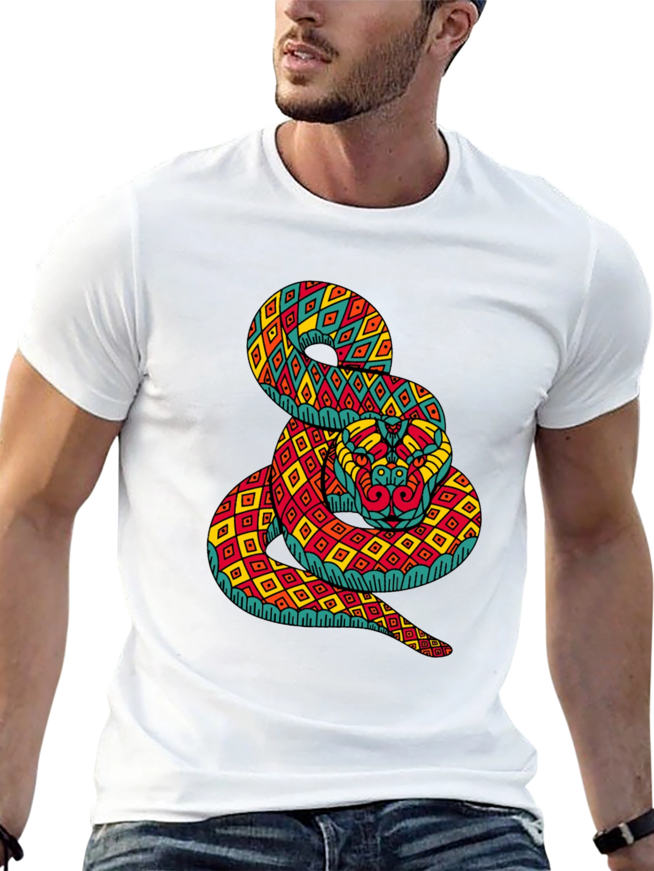 Geometric Snake Print Black T-Shirt