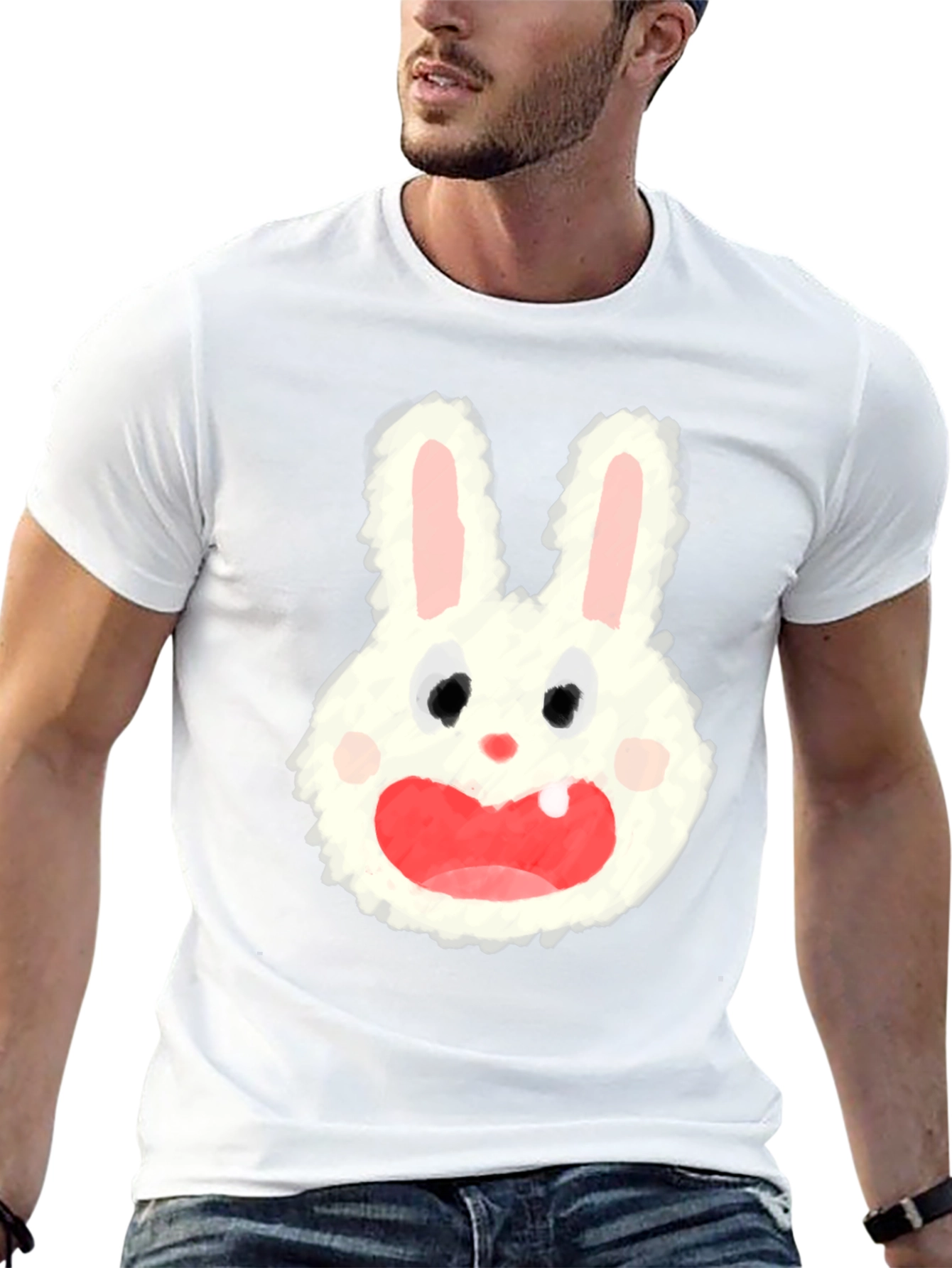 Cartoon Bunny Graphic Tee - Soft Black Cotton Blend