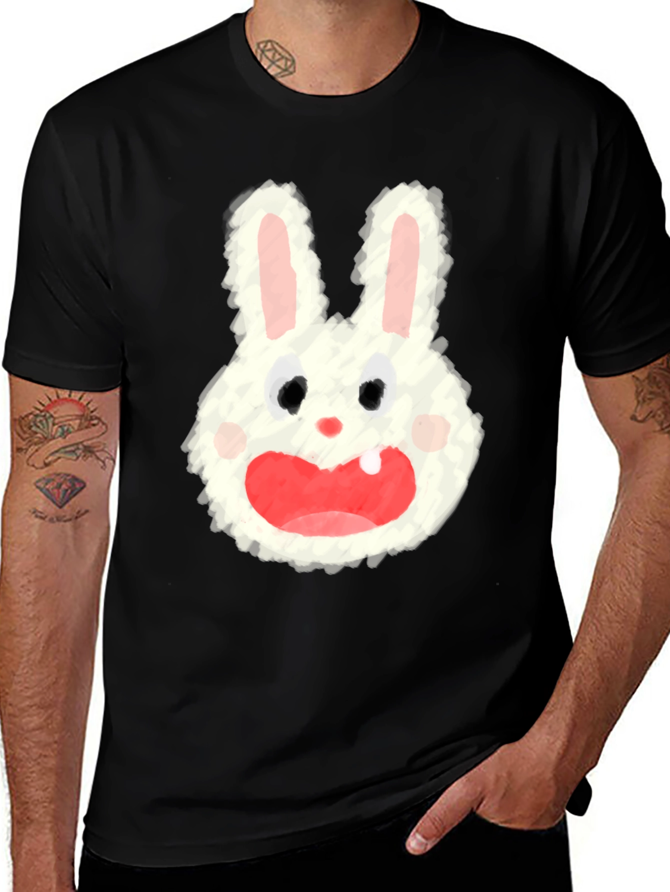 Cartoon Bunny Graphic Tee - Soft Black Cotton Blend