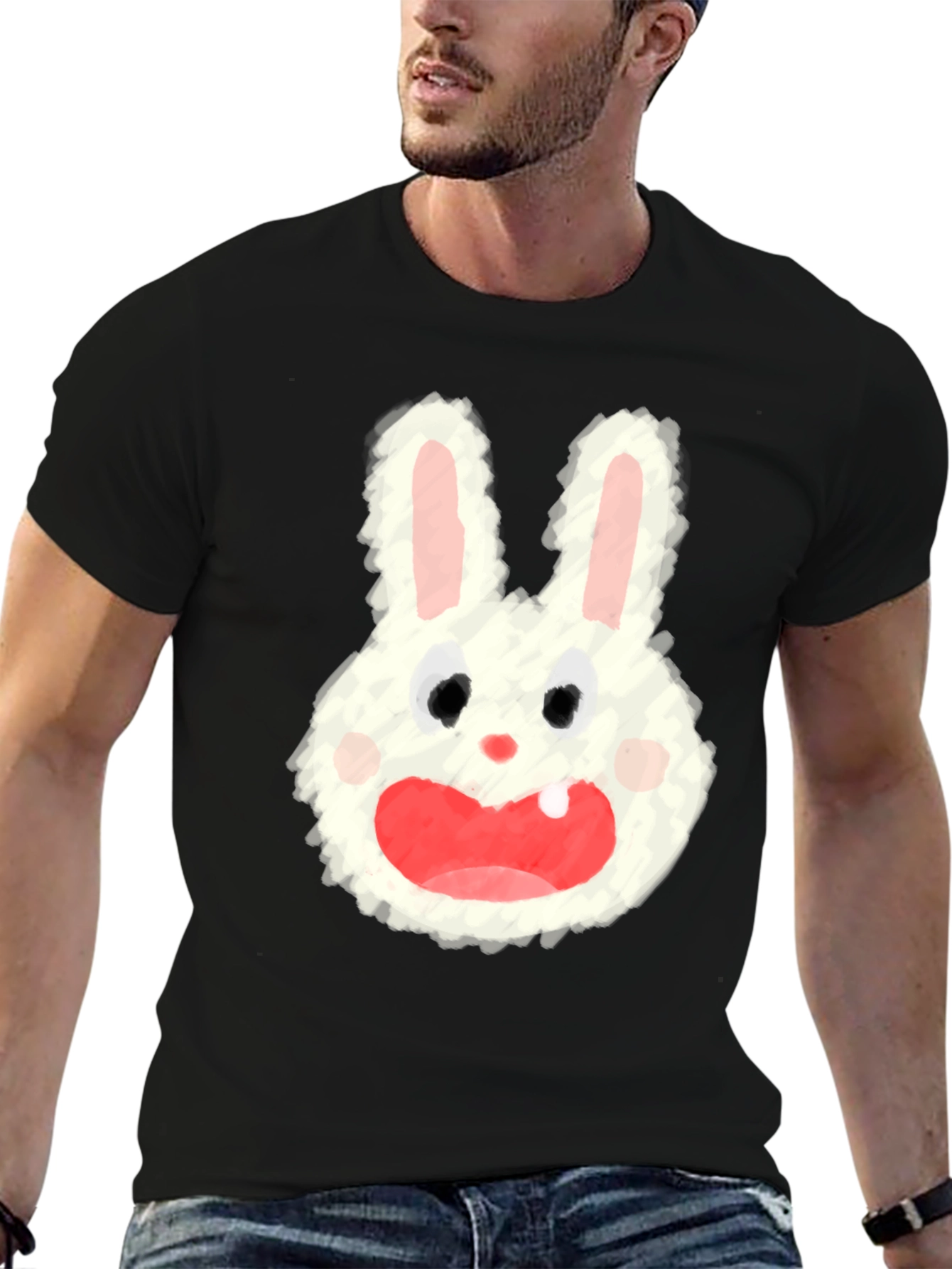 Cartoon Bunny Graphic Tee - Soft Black Cotton Blend
