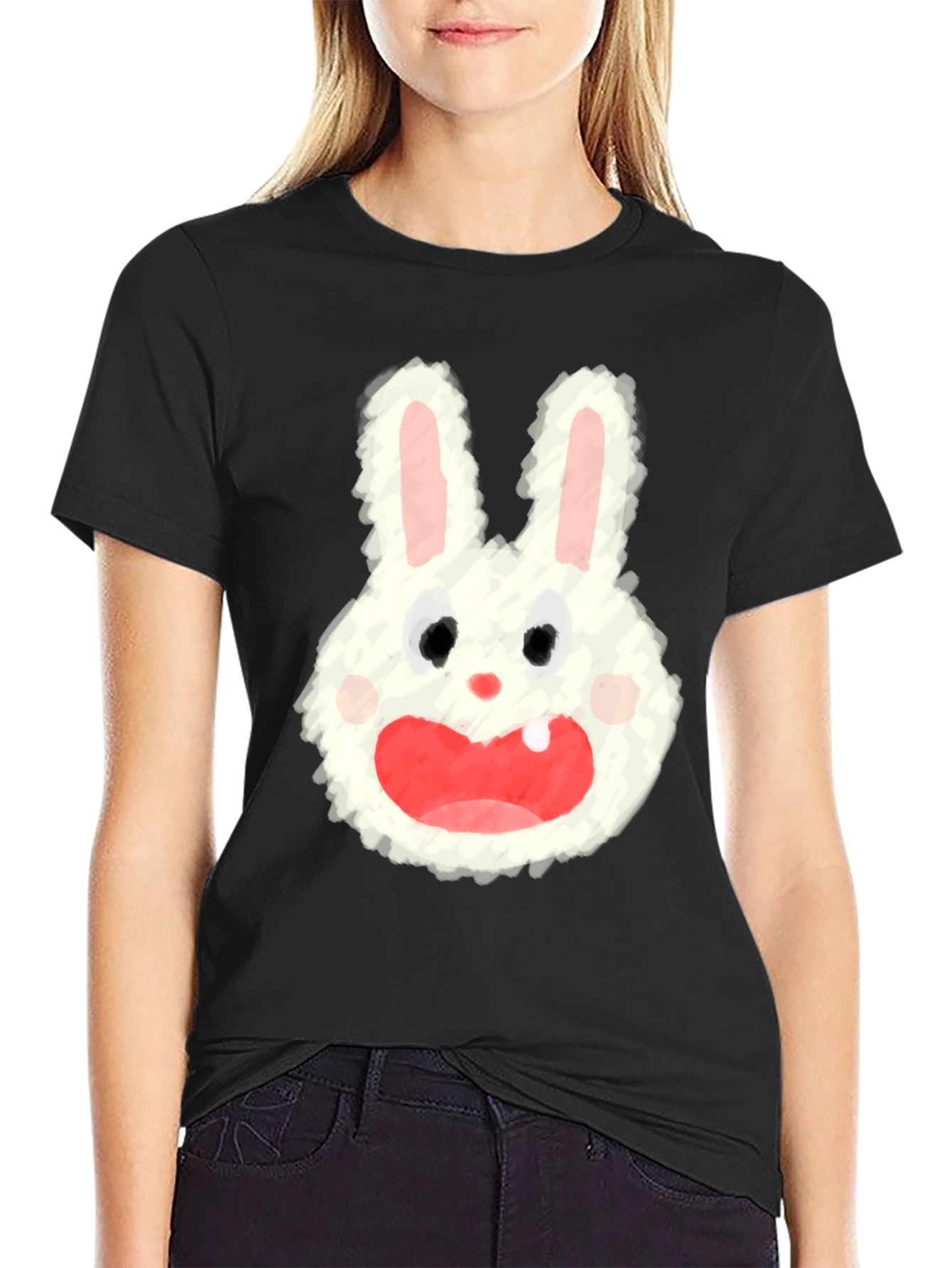 Cartoon Bunny Graphic Tee - Soft Black Cotton Blend