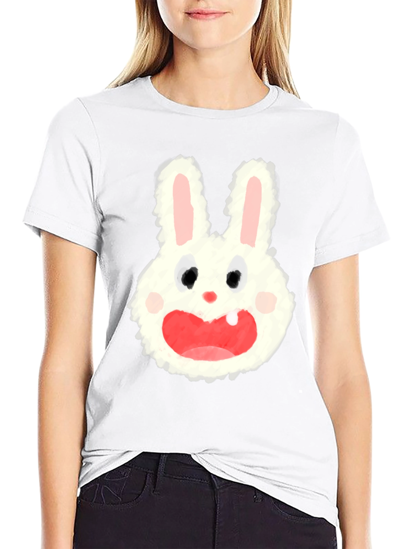 Cartoon Bunny Graphic Tee - Soft Black Cotton Blend
