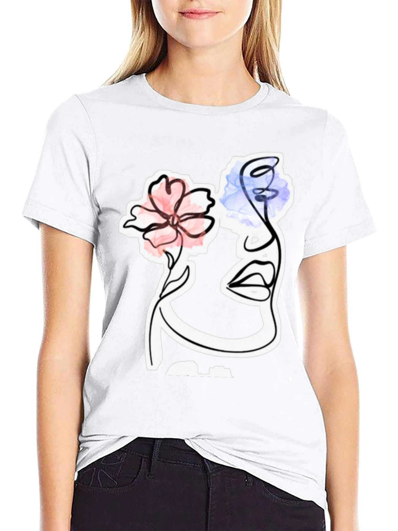 Abstract Face with Flowers Graphic T-Shirt