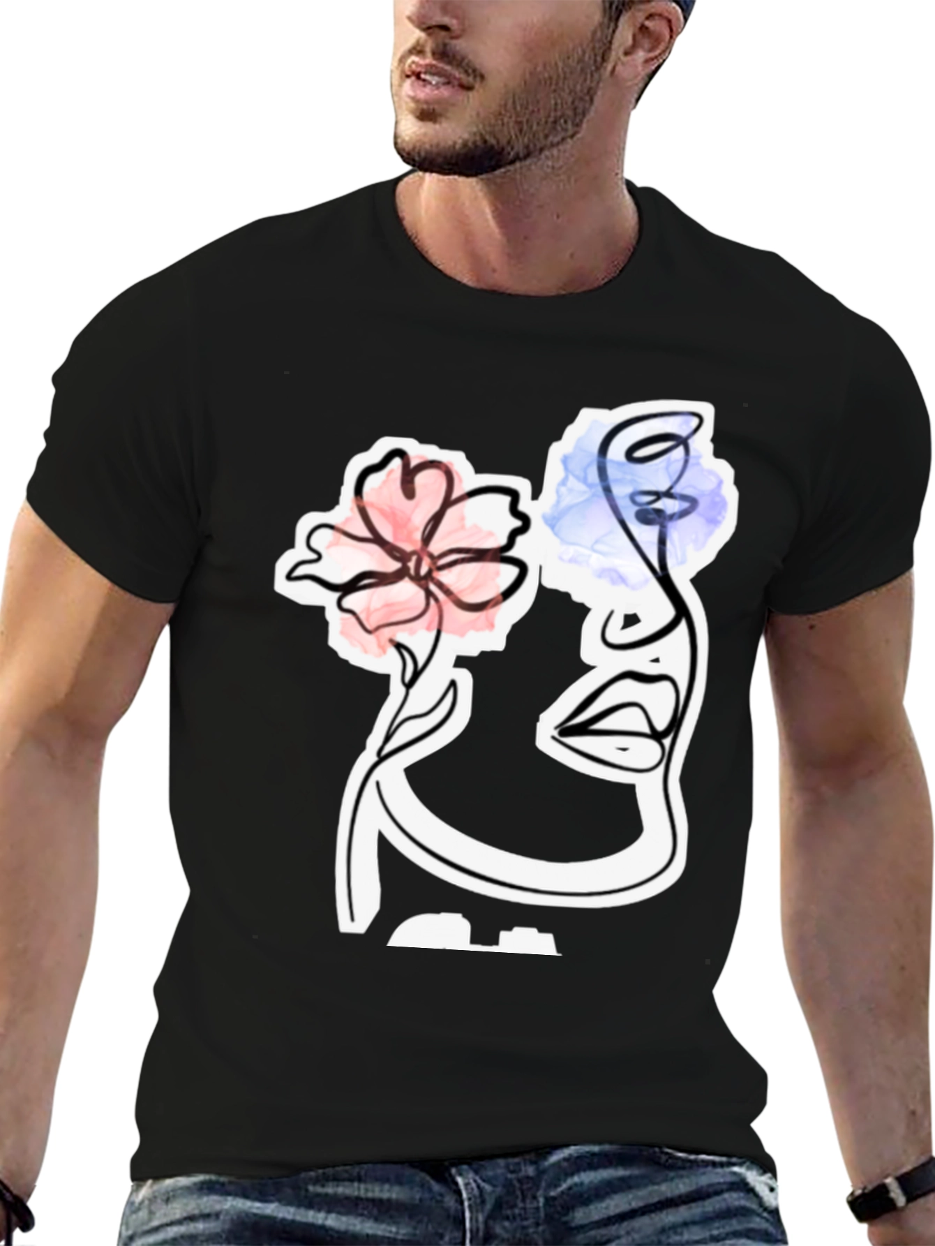 Abstract Face with Flowers Graphic T-Shirt