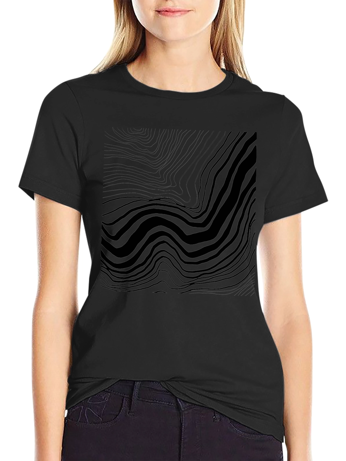 Abstract Wave Pattern Black T-Shirt