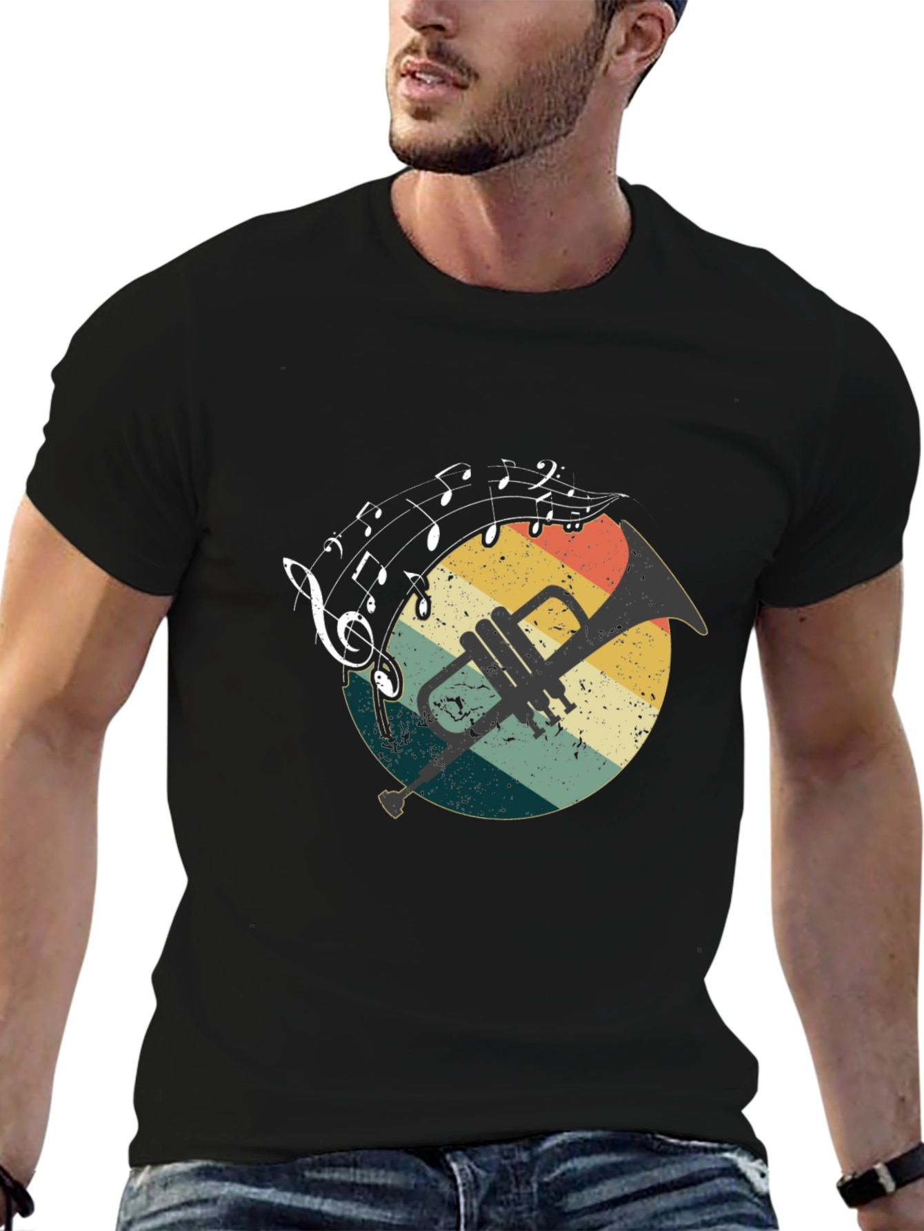 Retro Trumpet & Music Notes Graphic T-Shirt