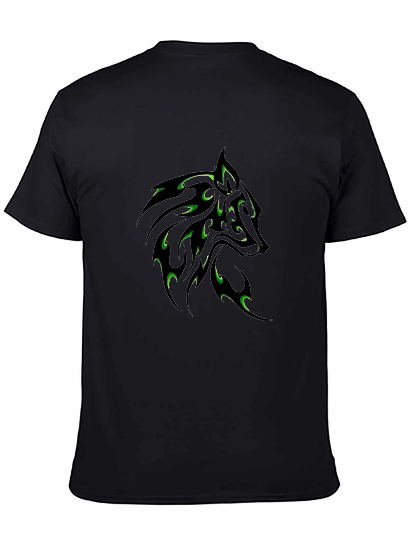 Black T-Shirt with Green Wolf Tribal Design