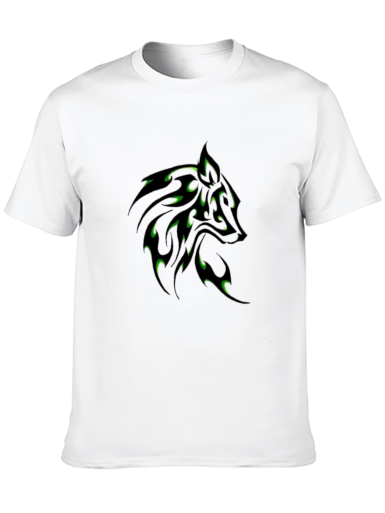 Black T-Shirt with Green Wolf Tribal Design