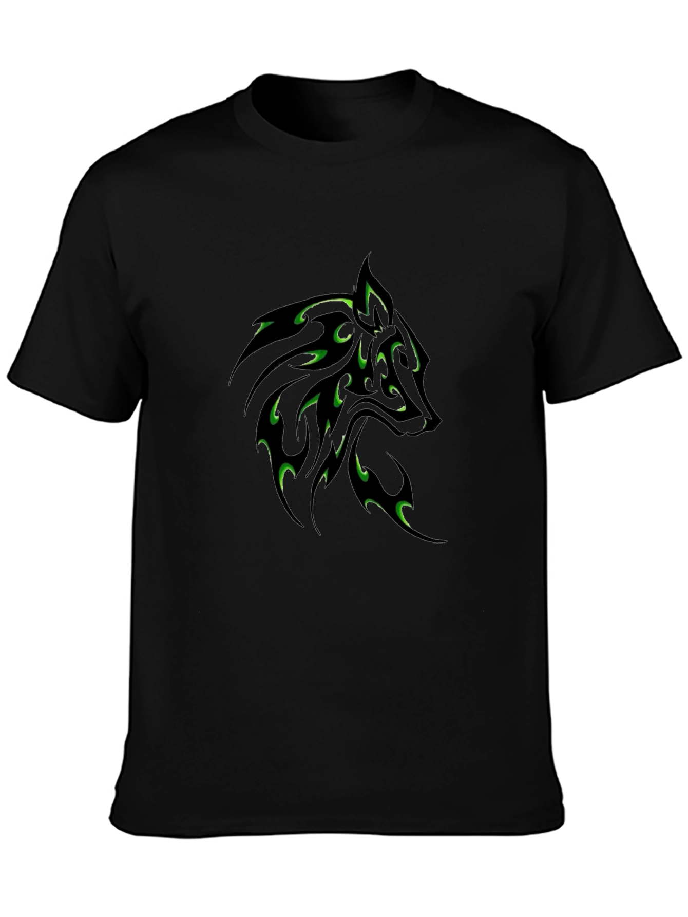 Black T-Shirt with Green Wolf Tribal Design