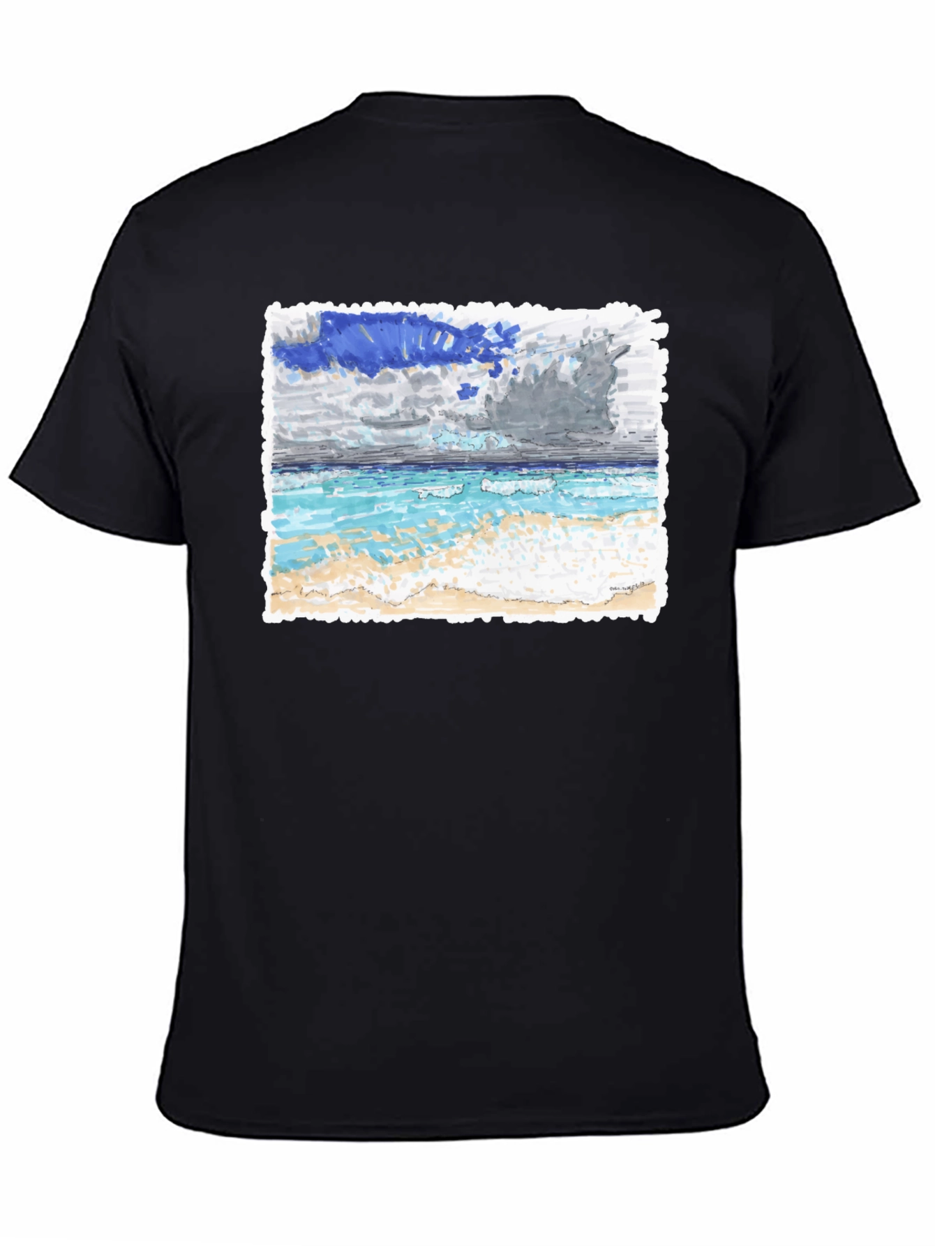 Ocean Beach Painting on Black T-Shirt