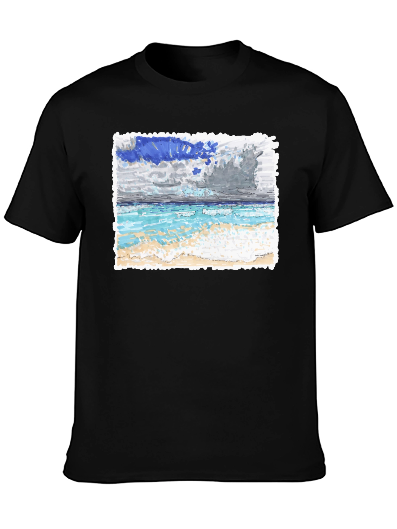 Ocean Beach Painting on Black T-Shirt