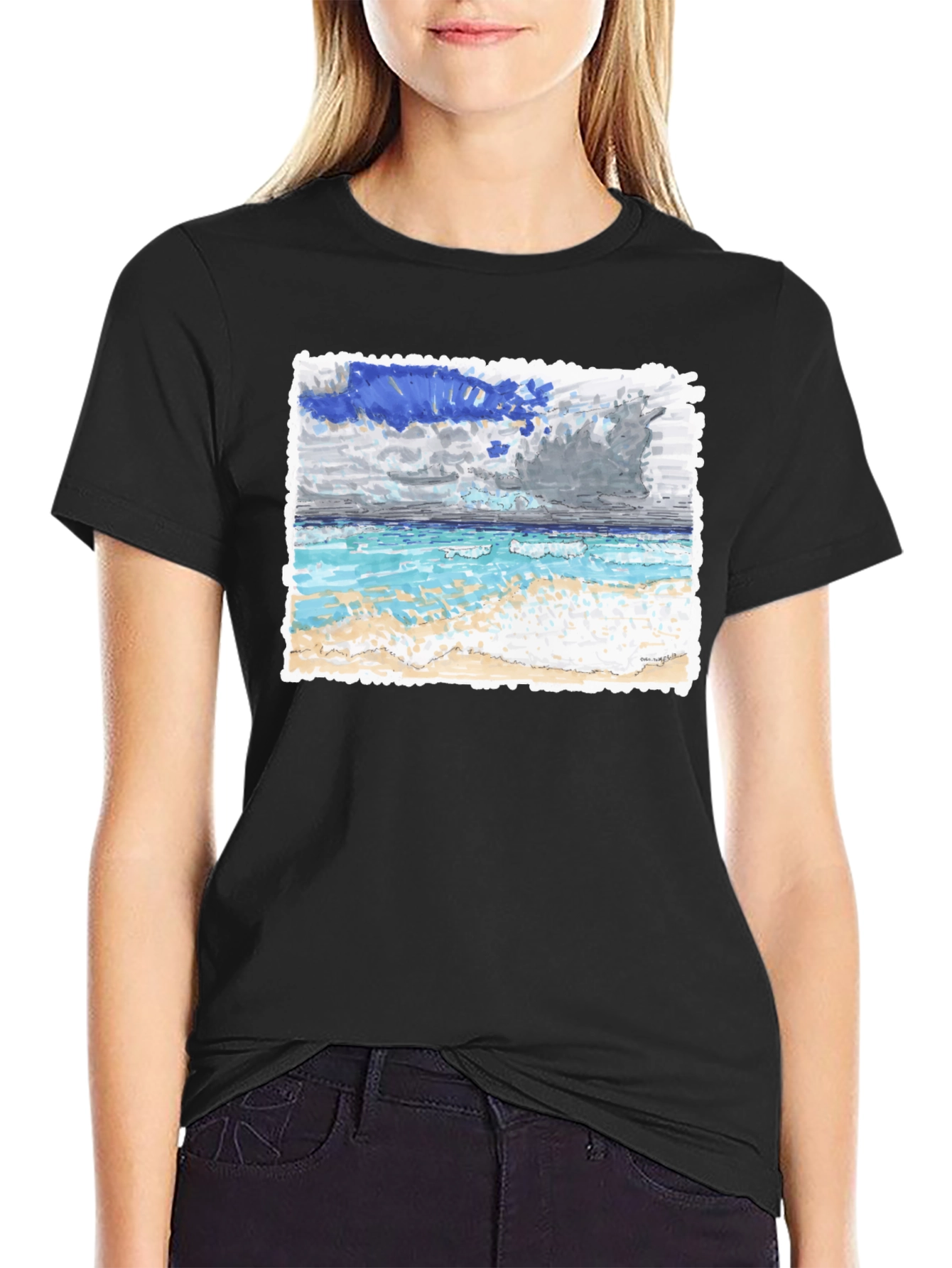Ocean Beach Painting on Black T-Shirt