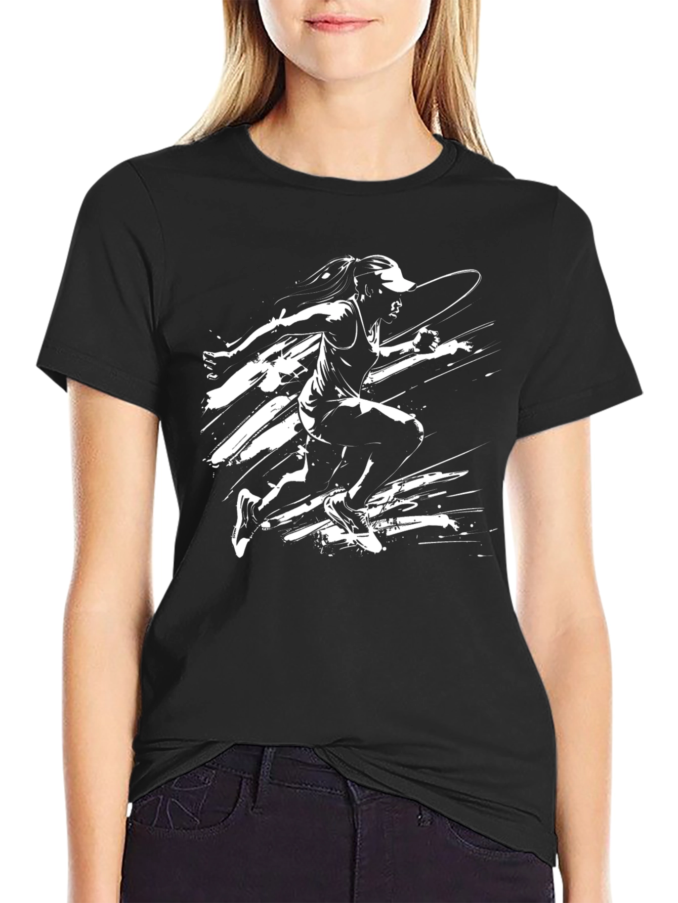 Black Graphic Tee - Running Woman Design