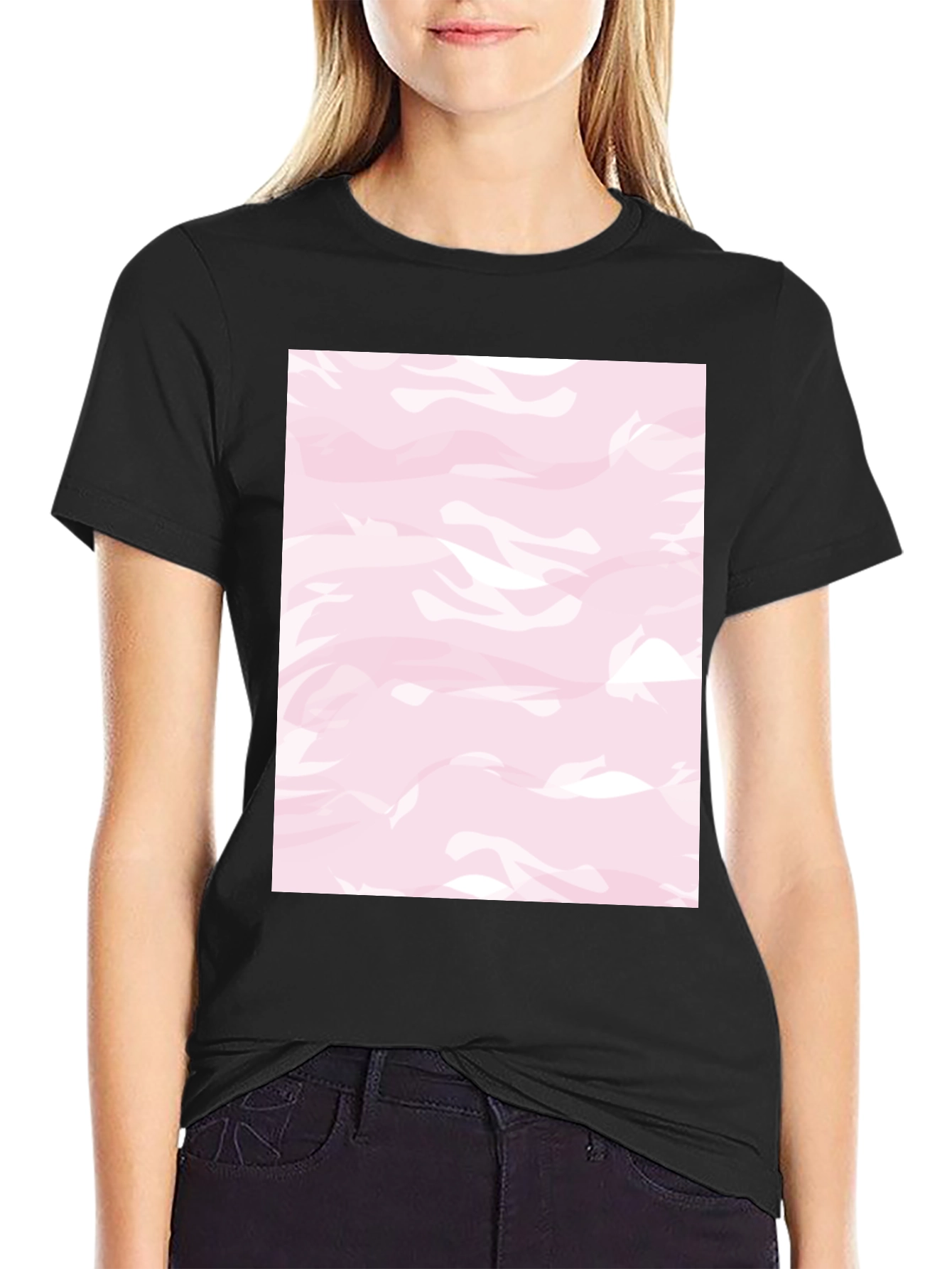 Pink Camo Print Black T-Shirt