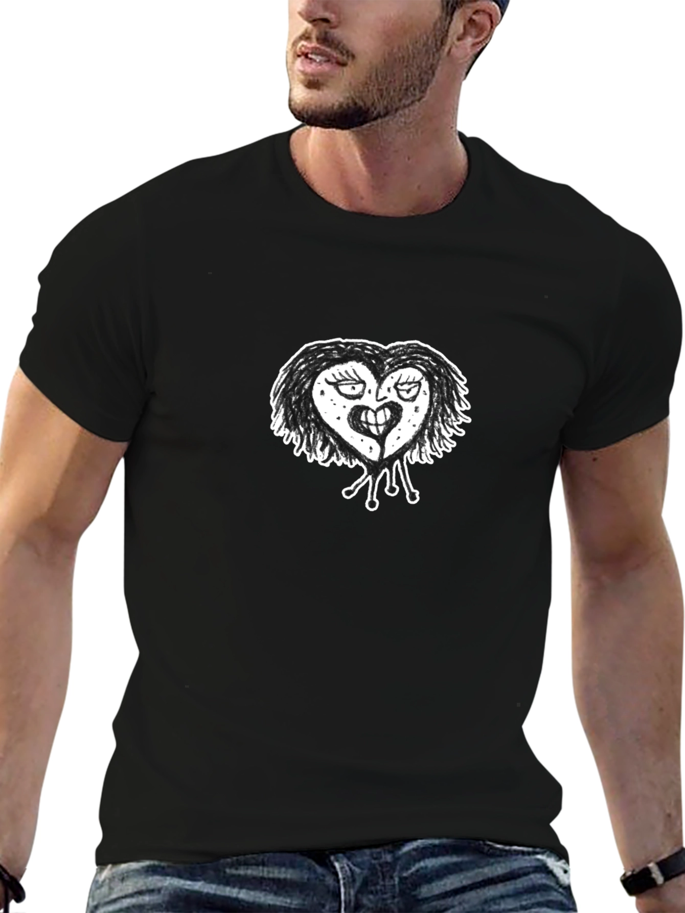 Mens Black T-Shirt with Heart Graphic